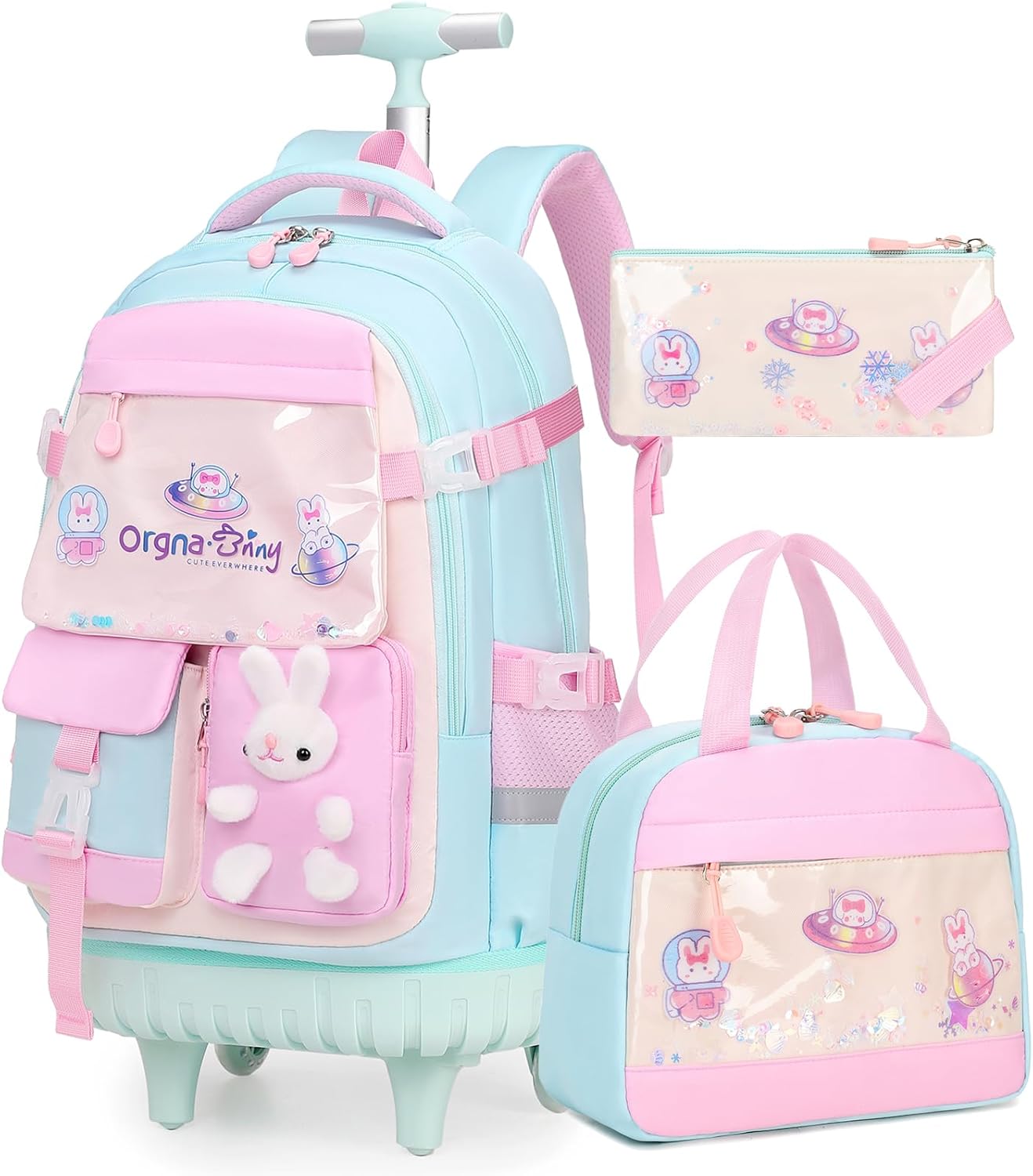 FIXITOK Rolling Backpack for Girls, Kawaii Bunny Roller Wheels School Backpacks with Lunch Bag Pencil case, Wheeled Suitcase Bookbag for Elementary Travel Aquamarine