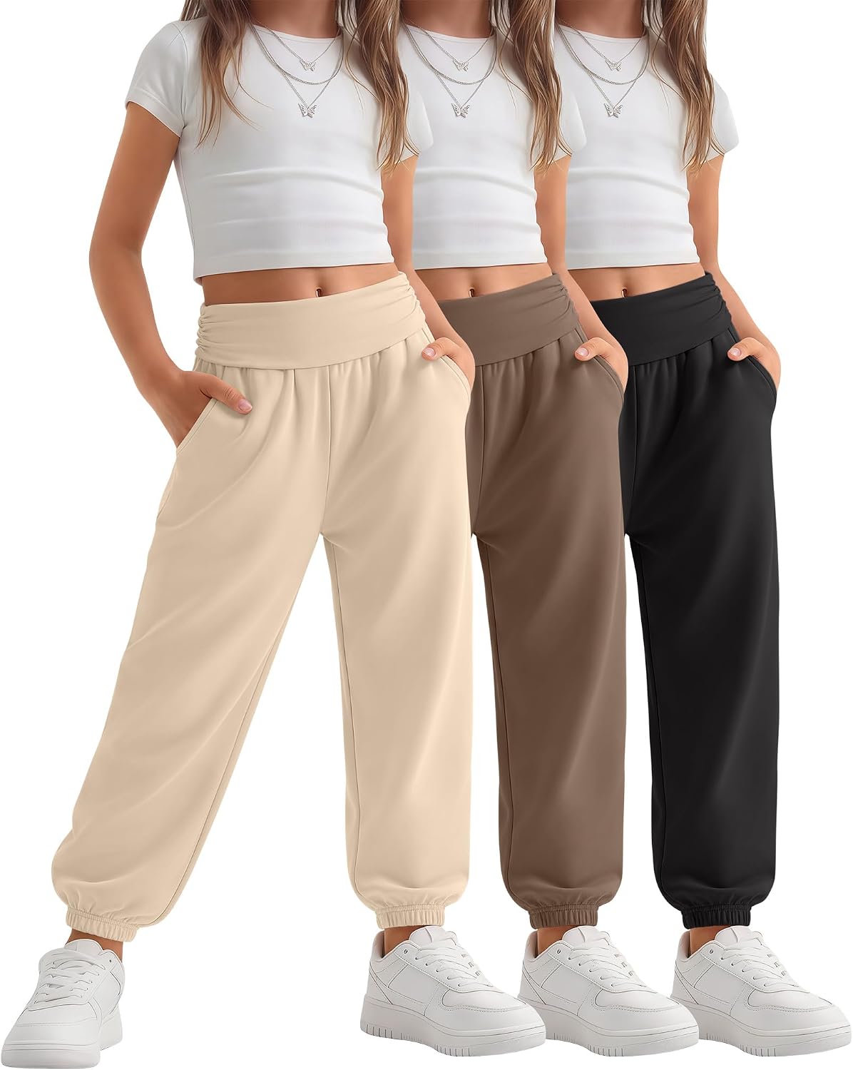 3 Pack Girls Joggers Sweatpants High Elastic Waisted Joggers Athletic Casual Sweat Pants with Pockets