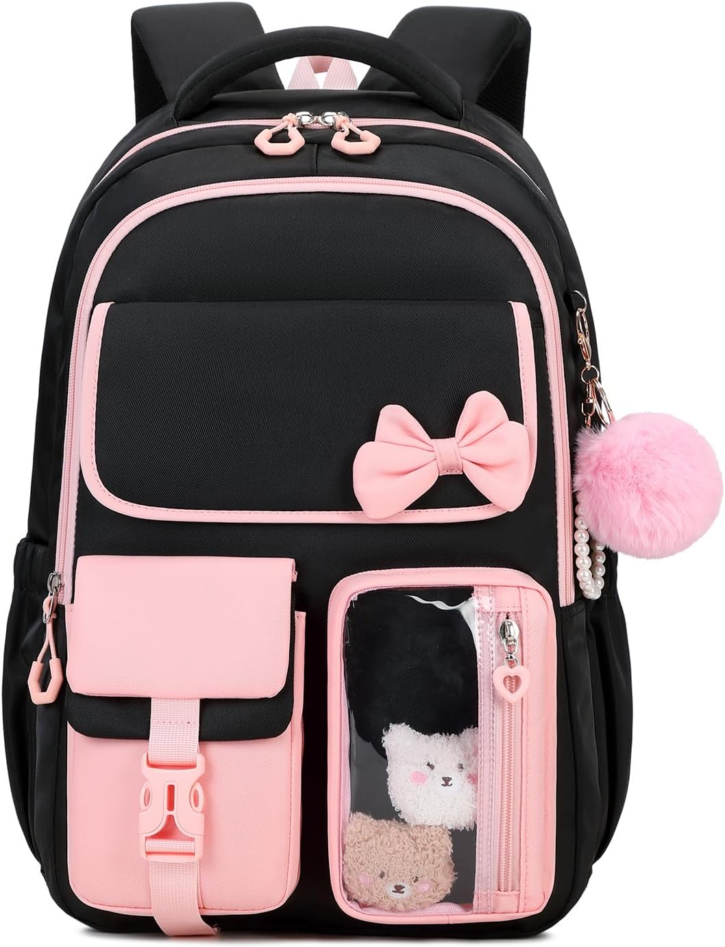 Girls Backpack, School Backpack for Girls, Cute Bow Kids Bookbag for Grils Children Teens for Elementary Middle High School Student, Back To School, Black Pink