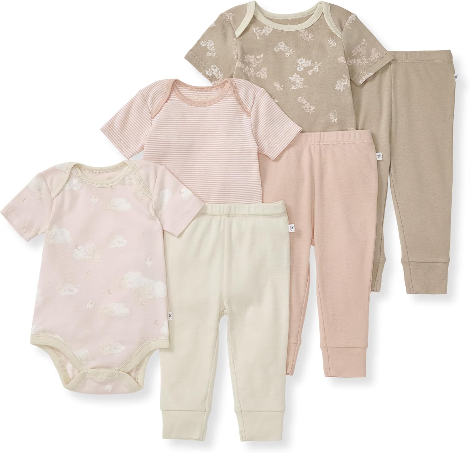 Burt Bees – 6Pk Baby Girl Organic Cotton Bodysuit & Pant Set, Ranunculus