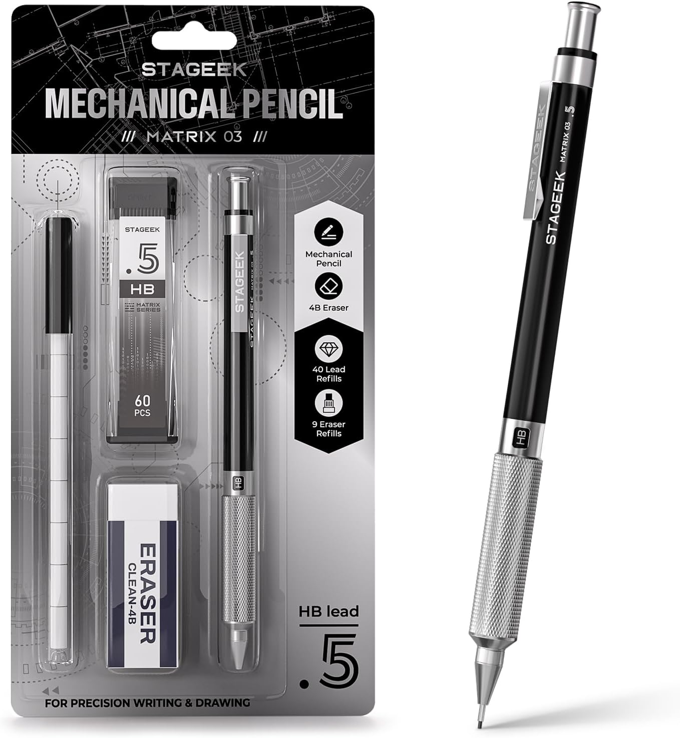 STAGEEK 0.5mm Mechanical Pencil, Metal Art & Drafting Pencil with Eraser and 60 HB Lead Refills, Professional Drawing Pencil for Artists, Students, School, Office, Writing, Sketching, Drafting(Black)