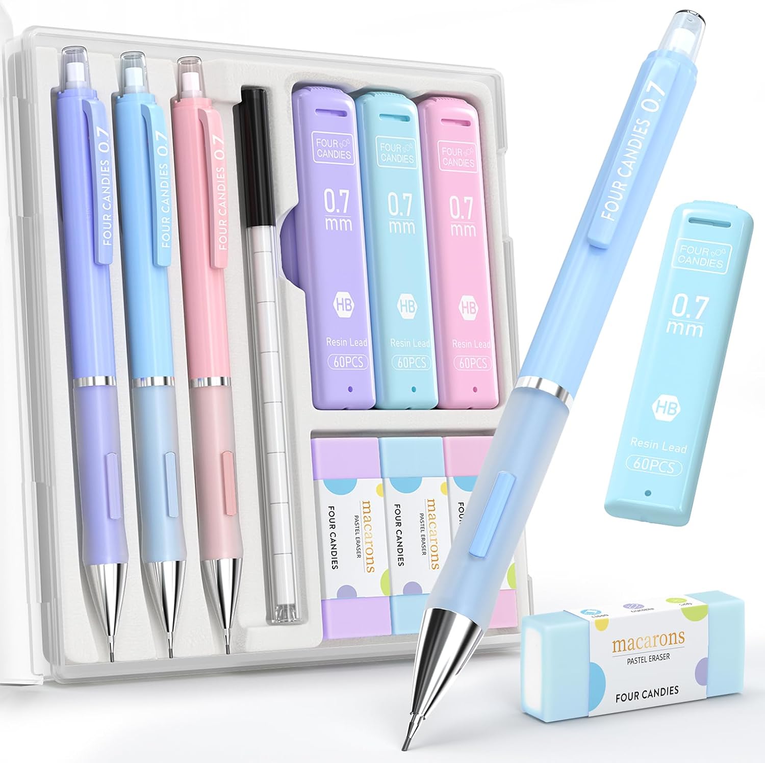 Four Candies 3PCS Cute Mechanical Pencils Set, 0.7mm with 360PCS Lead Refills, Pastel Erasers & Case, Clean Girl Aesthetic School Stuff for Teen Girls Everyday Writing and Schoolwork