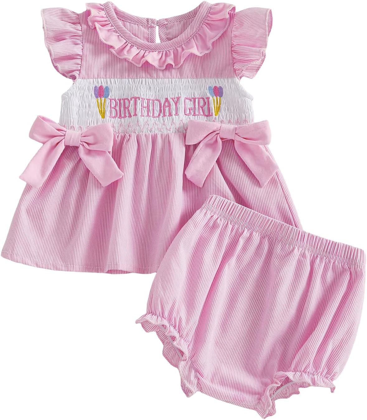 Baby Girl Birthday Outfit Letters Bow Embroidery Short Sleeve Shirts Elastic Waist Shorts Birthday Summer Clothes