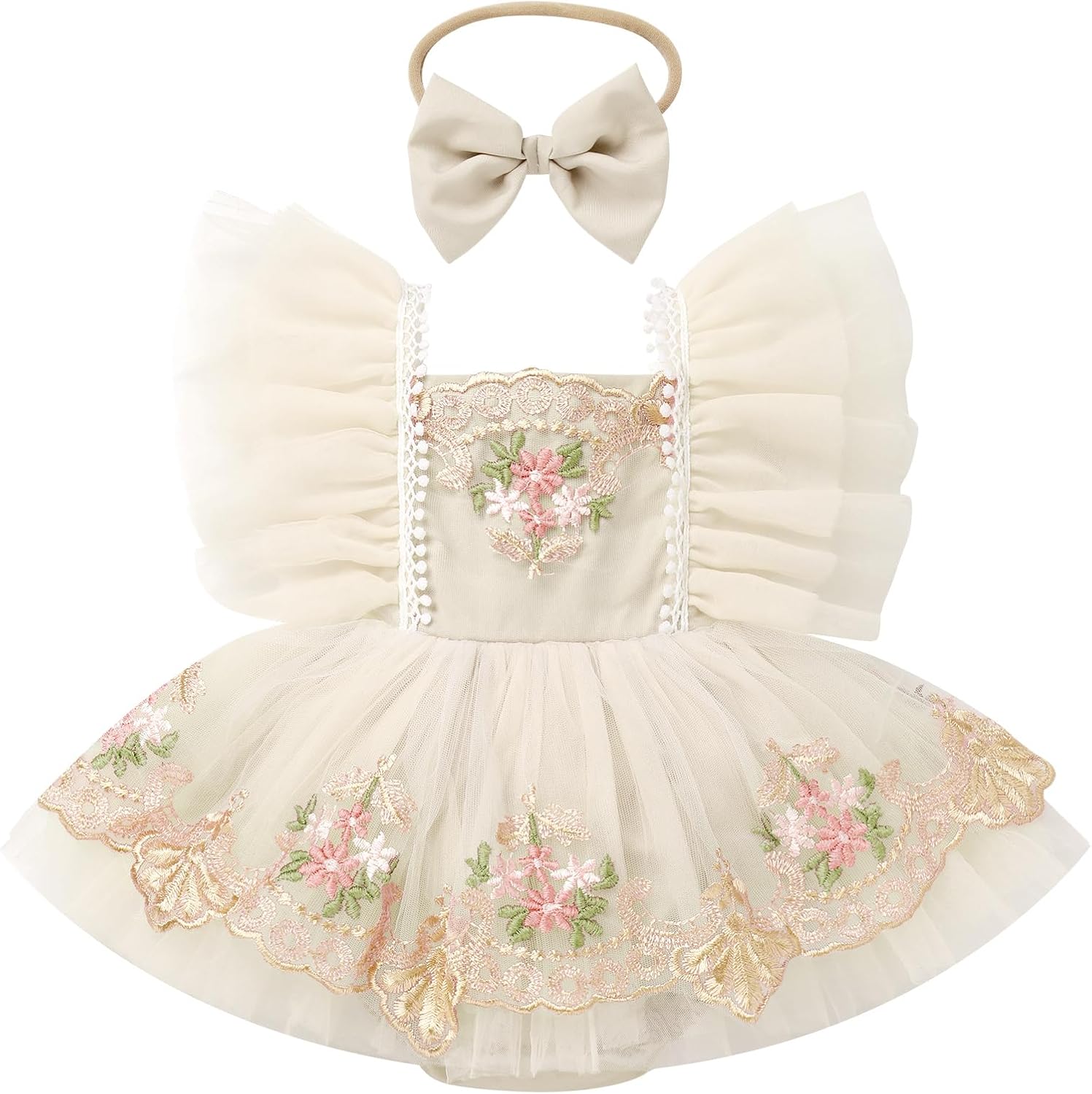 ODASDO Baby Girls First Birthday Party Dress Newborn Tulle Tutu Romper Floral Embroidery Bodysuit Cake Smash Outfit