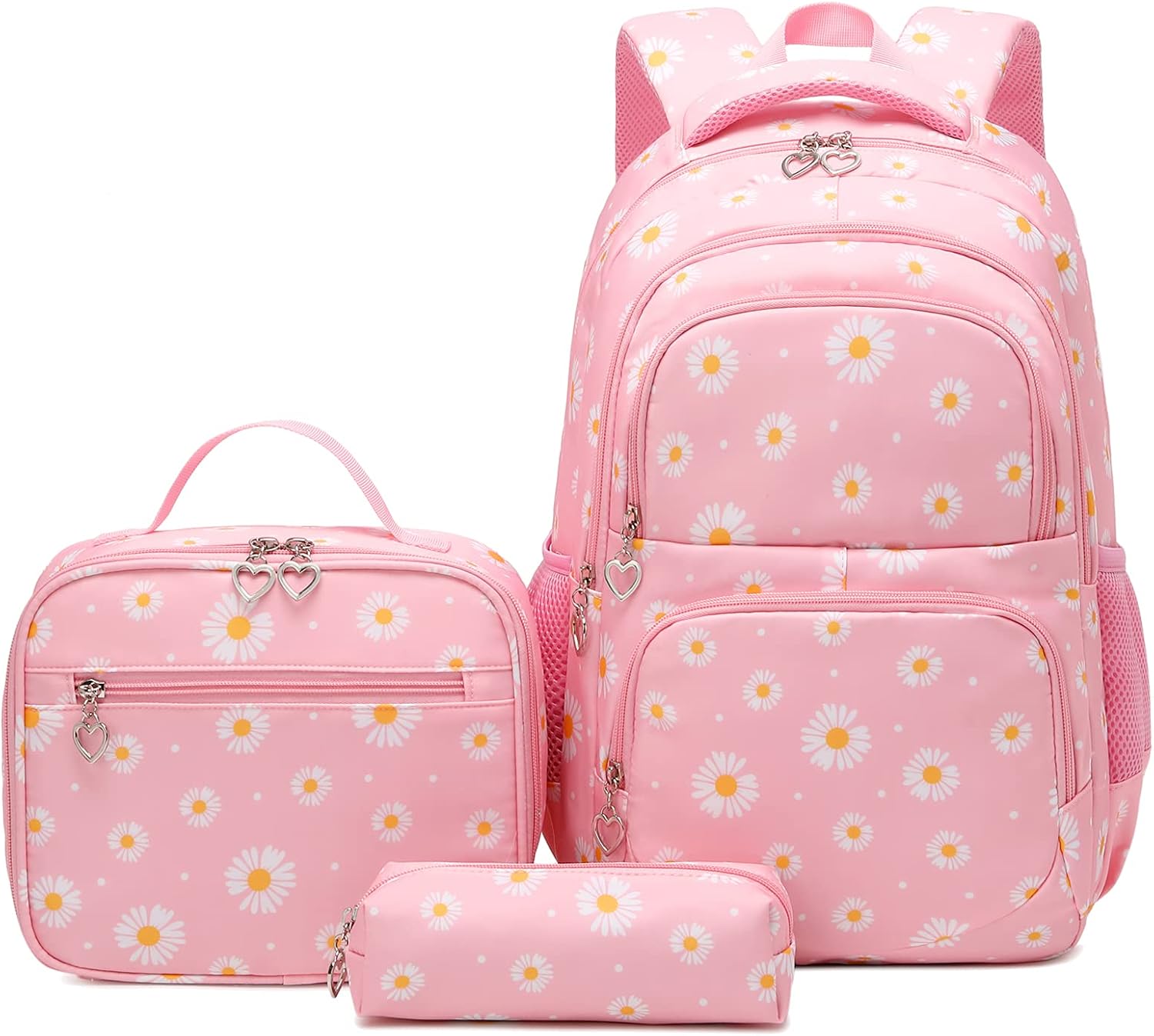 Glodwheat Daisy Printed Backpack For Girls- 3Pc Set With Lunch Box & Pencil Case, Lightweight Water-Resistant Bookbag For Elementary School