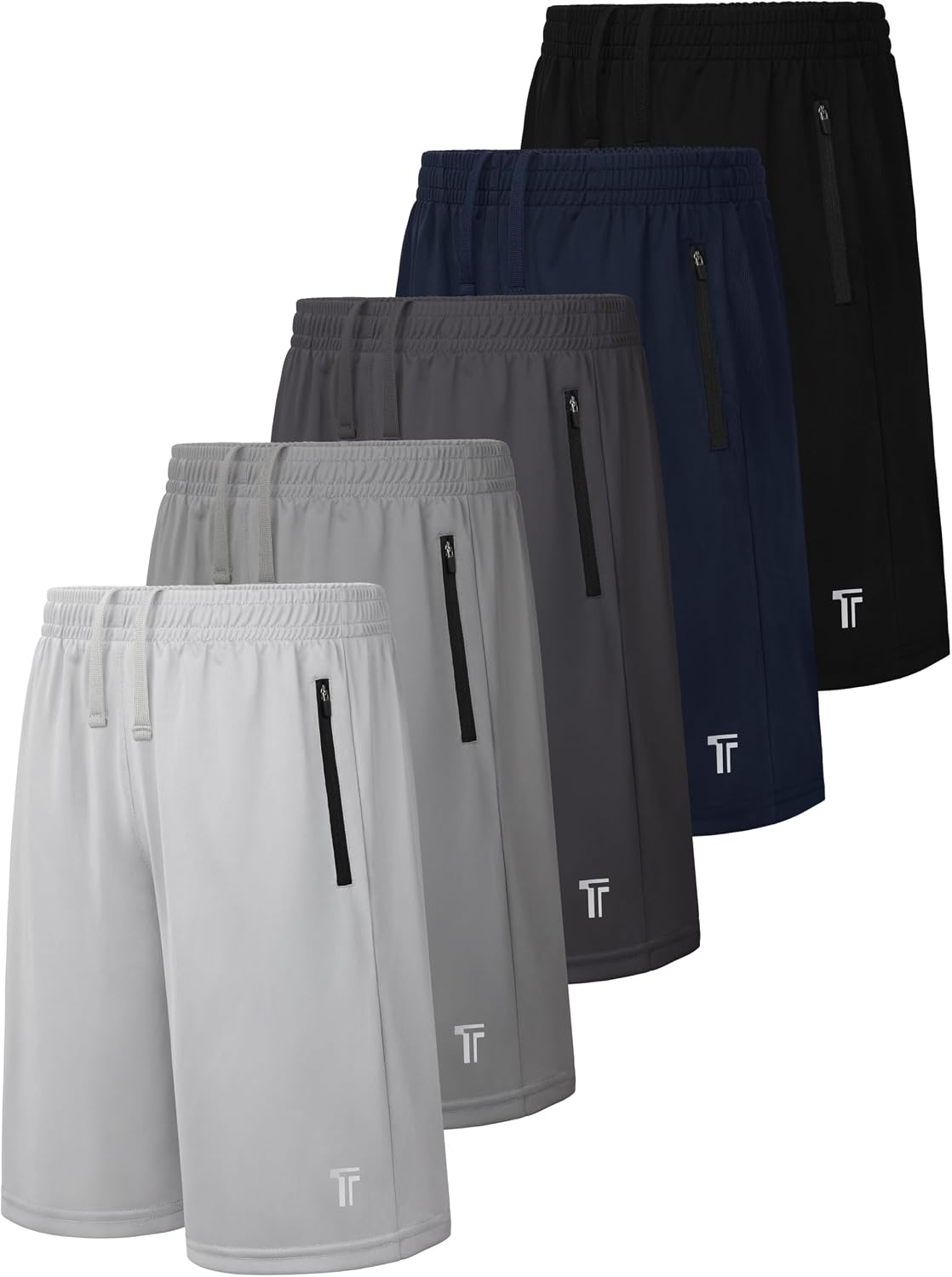 5 Pack Boys Athletic Shorts with Zipper Pockets Basketball Soccer Quick Dry Teen Kids Sport Shorts Elastic Waist