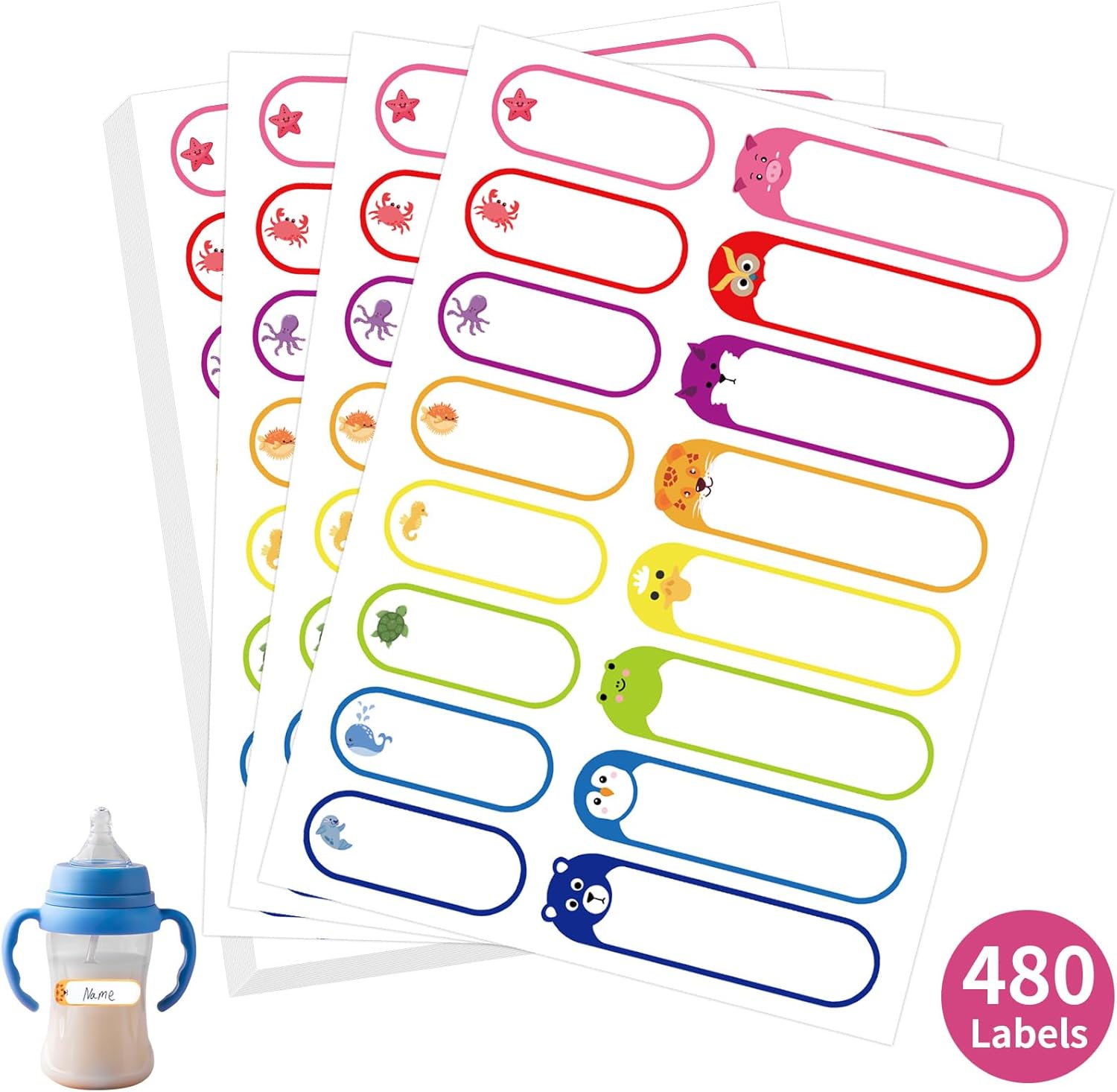 480 Pcs Labels for Kids Stuff Daycare, Waterproof Baby Name Label, Washable Bottle Labels, Reusable Self-Adhesive Tag Stickers for School Essentials, Self-Laminating Write-on
