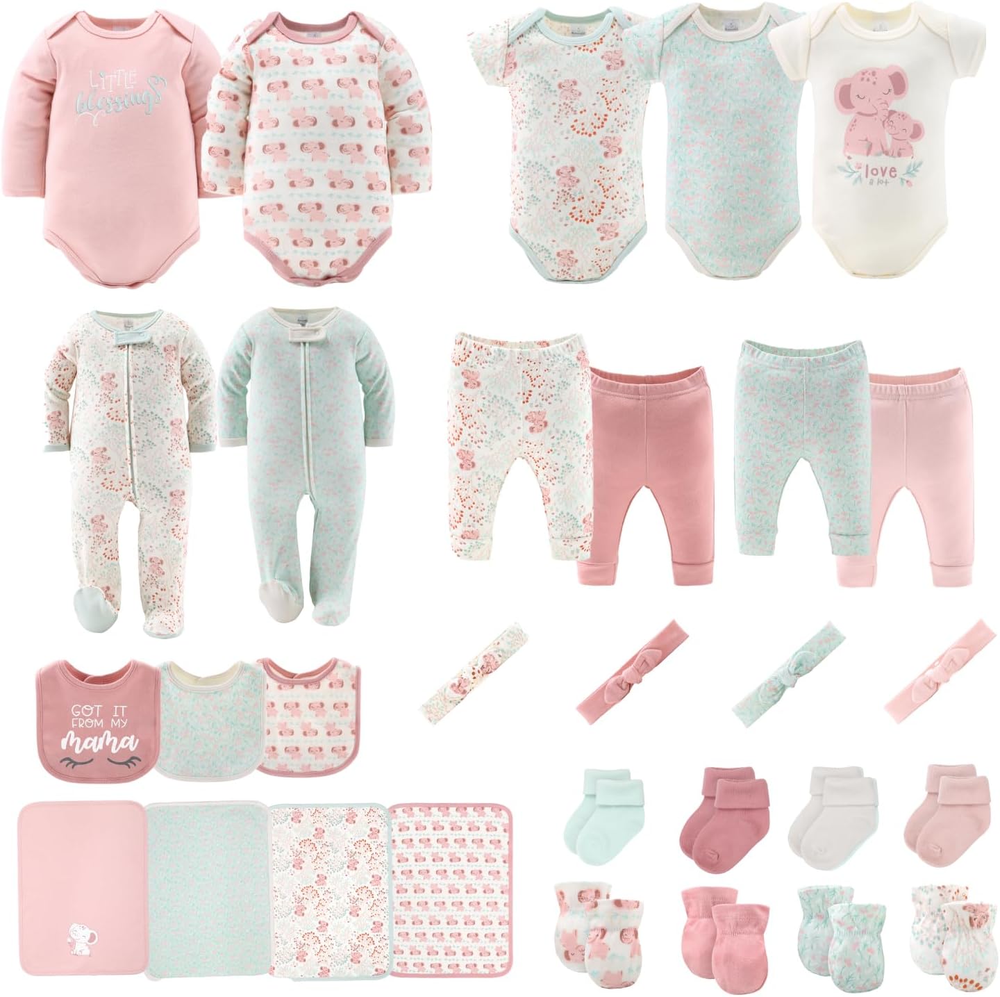 The Peanutshell Baby Layette Gift Set for Girls – 30 Piece New Born Girl Gift Set, Baby Clothes, 0-9 Months – Floral Elephant