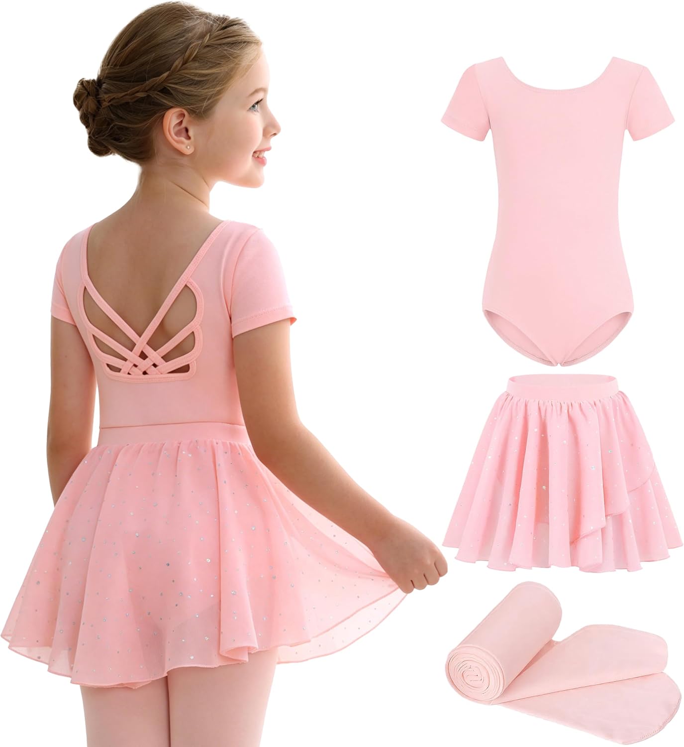 MdnMd Girls Ballet Leotards Combo with Tights Skirt Removable Toddler Ballerina Dance Dresses Soft Outfit Short Sleeve