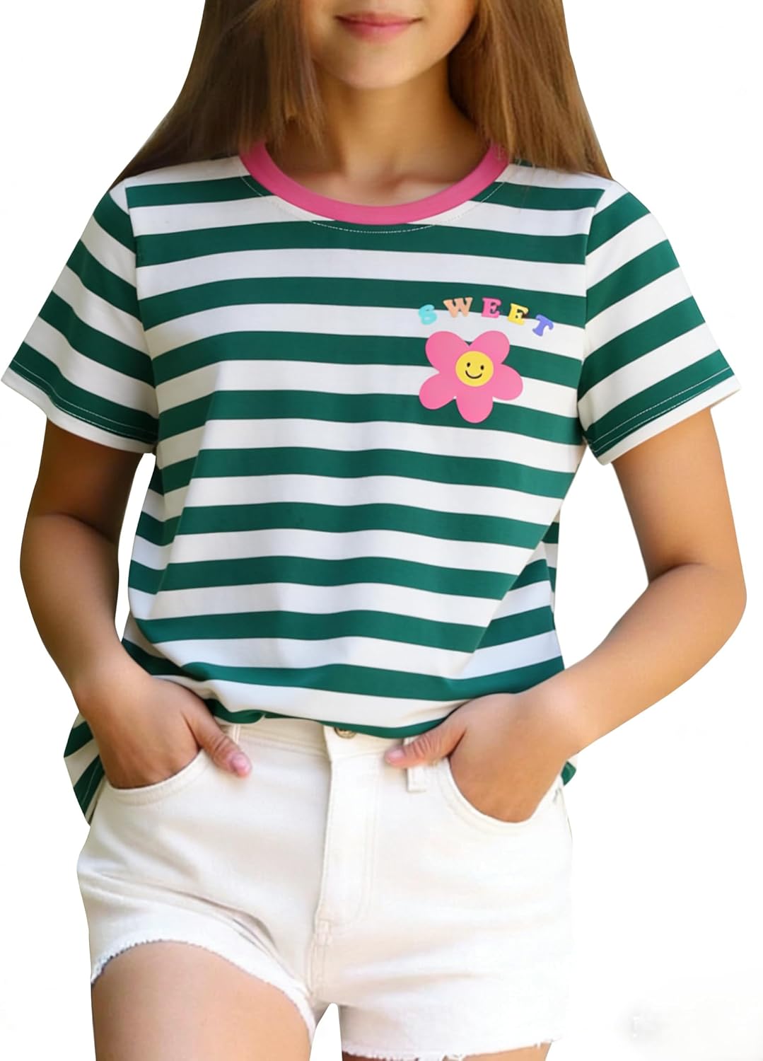 Girls Striped Shirt Graphic Tees Summer Cute Tops USA Short Sleeve Crewneck T Shirts