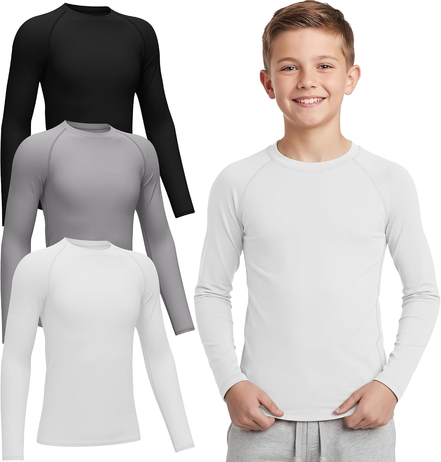3 Pack Boys’ Compression Long Sleeve Shirts Quick Dry Moisture Wicking Youth Base Layer Baseball Soccer Football