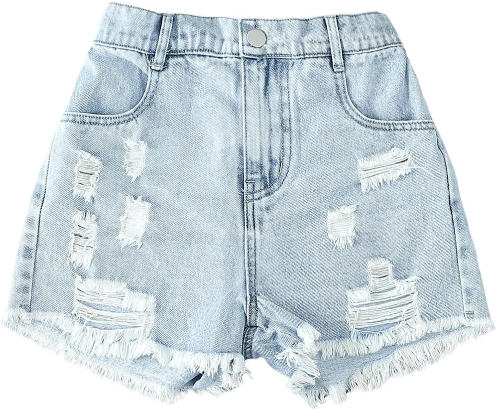 Floerns Girl’s Ripped Raw Hem Elastic Waist Straight Leg Denim Shorts with Pockets