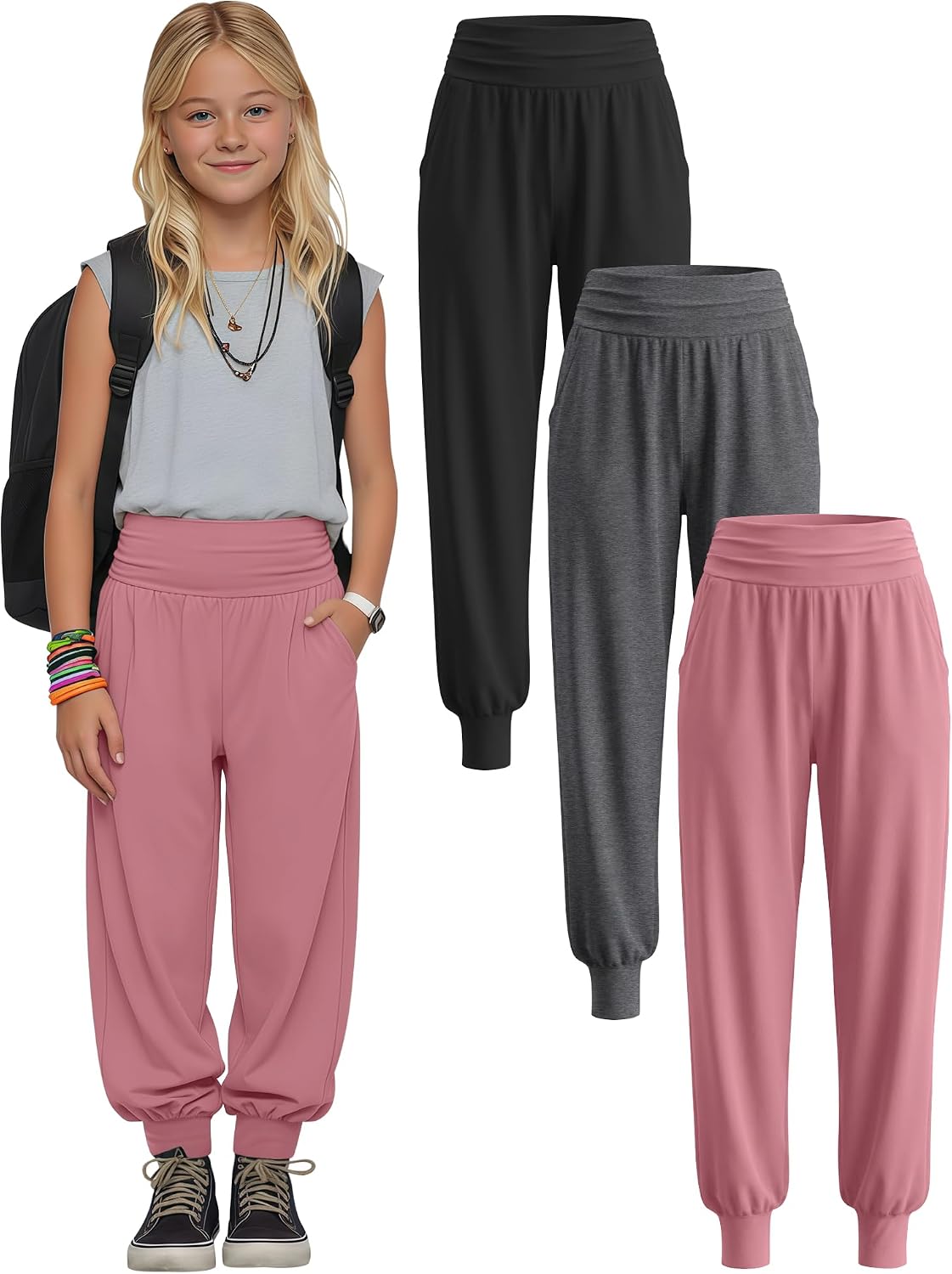 Oakgarden 3 Pack Girls’ School Uniform Pants Loose Leggings Casual Joggers Active Sweatpants with Pockets for Kids 5-14 Years
