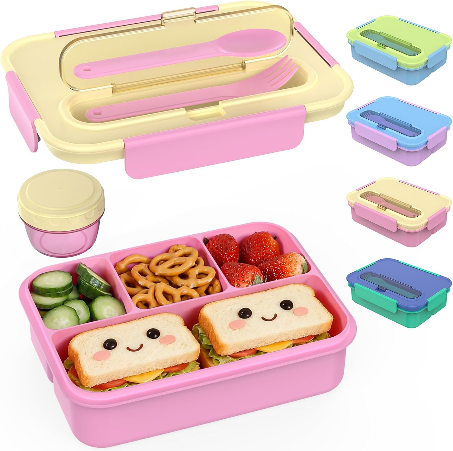Caperci 50oz Larger Bento Box for Kids – Reinforced Leakproof Lunch Box Containers for Kids, Built-in Sauce Cup, Utensils, 4 Compartments, BPA-Free Microwave & Dishwasher Safe (Yellow/Pink)