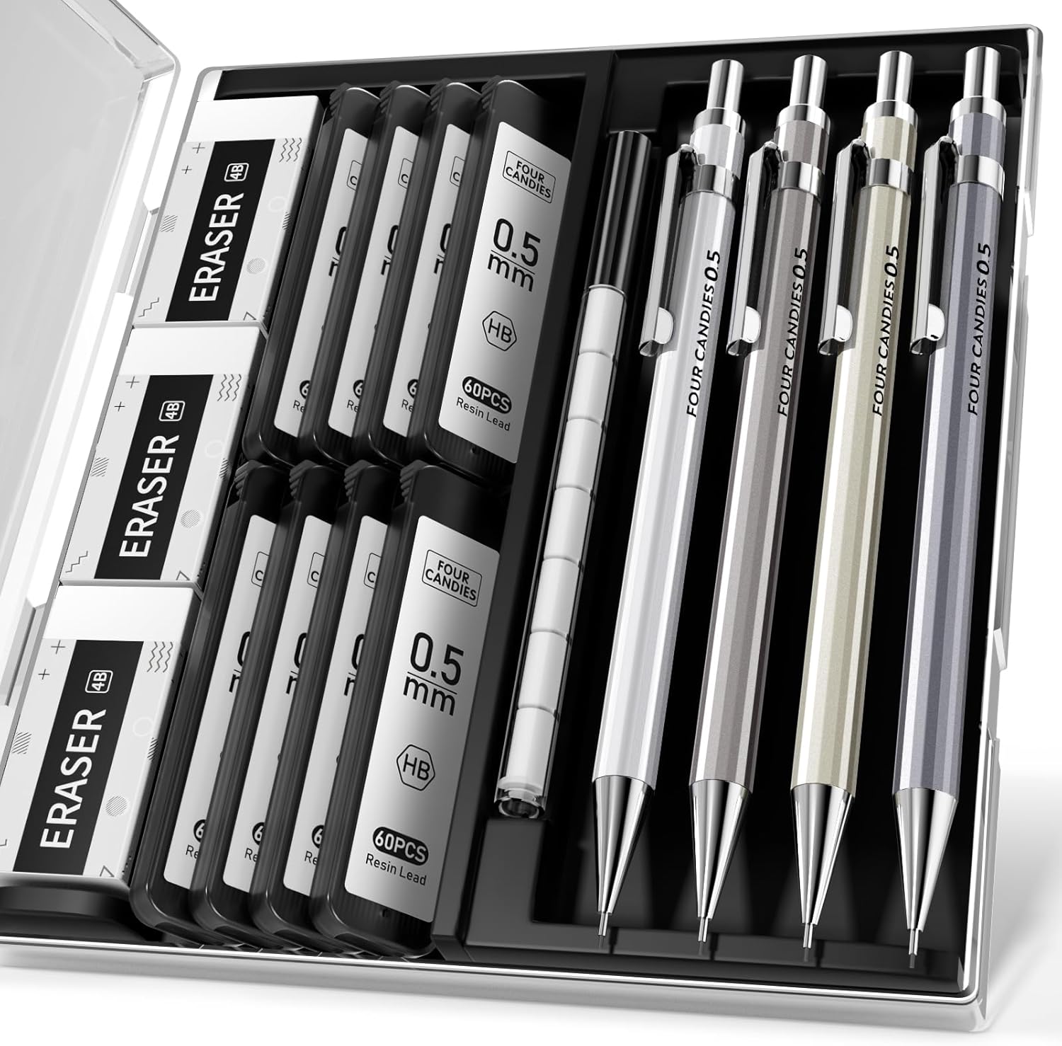 Four Candies 4PCS Metal Mechanical Pencil Set with 0.5mm Fine Point, 480 Leads, 12 Erasers, Fancy Mechanical Pencils Pack with Case for School Writing, Art Drawing & Drafting