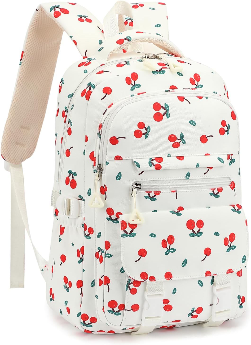 Kids School Backpack for Girls 5-12 Kawaii Travel Cherry Bookbag,Beige Cherry