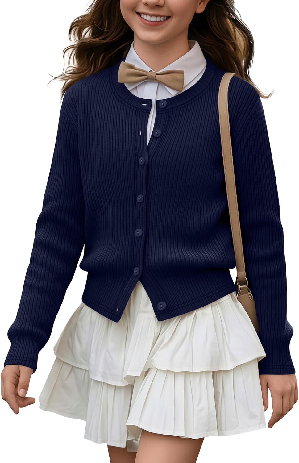 Girls’ Uniforms Cardigan Long Sleeve Ribbed Knit Crew Neck Shirt Button Down School Kids Student Outerwear Top