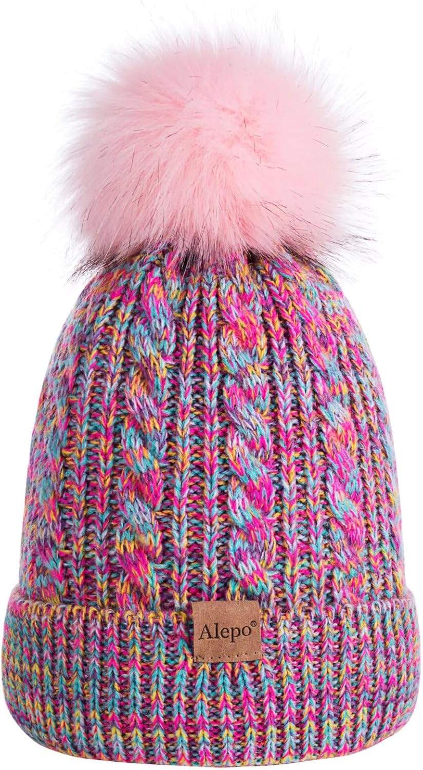 Alepo Kids Winter Beanie Hat, Children’s Warm Fleece Lined Knit Thick Ski Cap with Pom Pom for Boys Girls