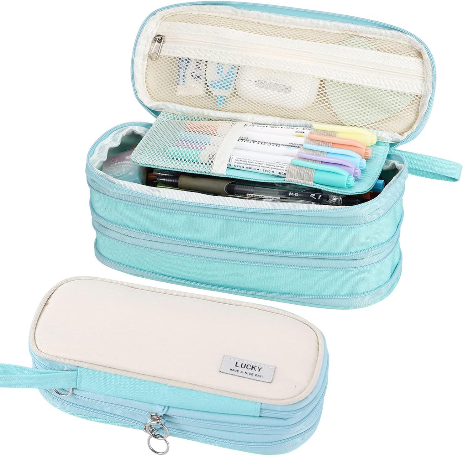 Large Pencil Case Organizer Big Capacity Pencil Bag Zipper Pencil Pouch with Handle Portable for Girls Kids Adults Gift Pencil Case for School Home Office Light-blue