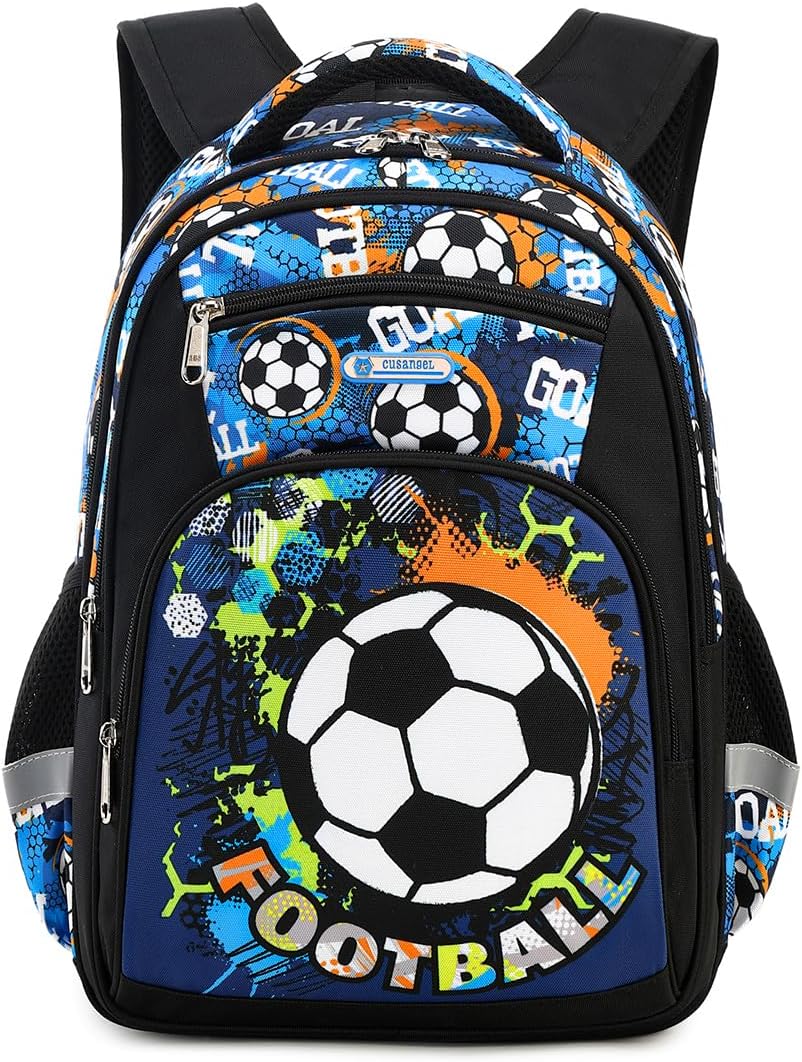 Cusangel Boys Backpack,Soccer Backpack for Boys,Grades 1-4 Football Print Bookbag for Kids Multi Compartment, Chest Strap Side Pockets 16 Inch