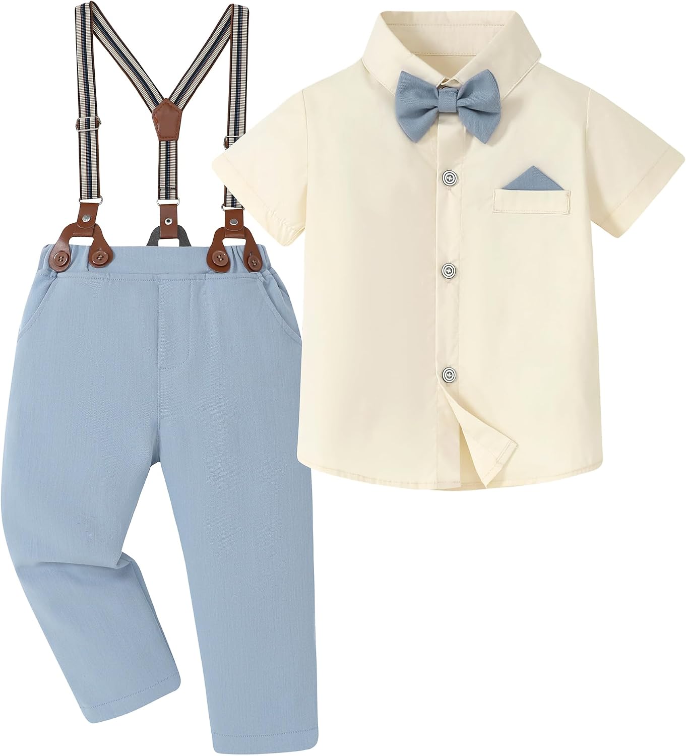 Toddler Boys Semi Formal Outfit 3pcs Sets Short Dress Shirt Suspender Pants Bow Tie for 1-5 Years
