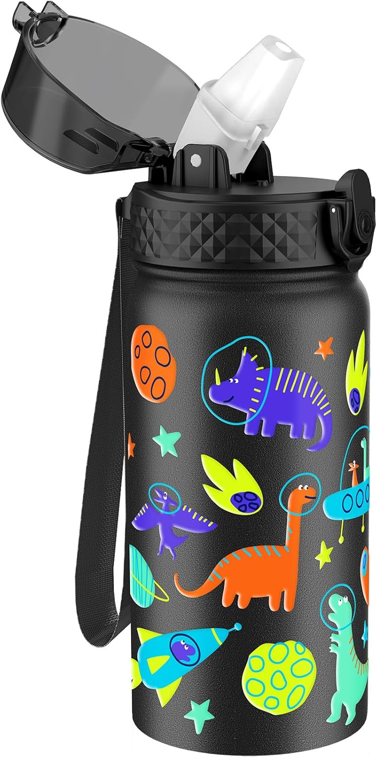 GOPPUS Kids Water Bottle (Straw Lid) – 14 Oz Stainless Steel Travel Bottle, Double Wall Vacuum Leak Proof Kids Cup for School Boys Girls,Space dinosaur