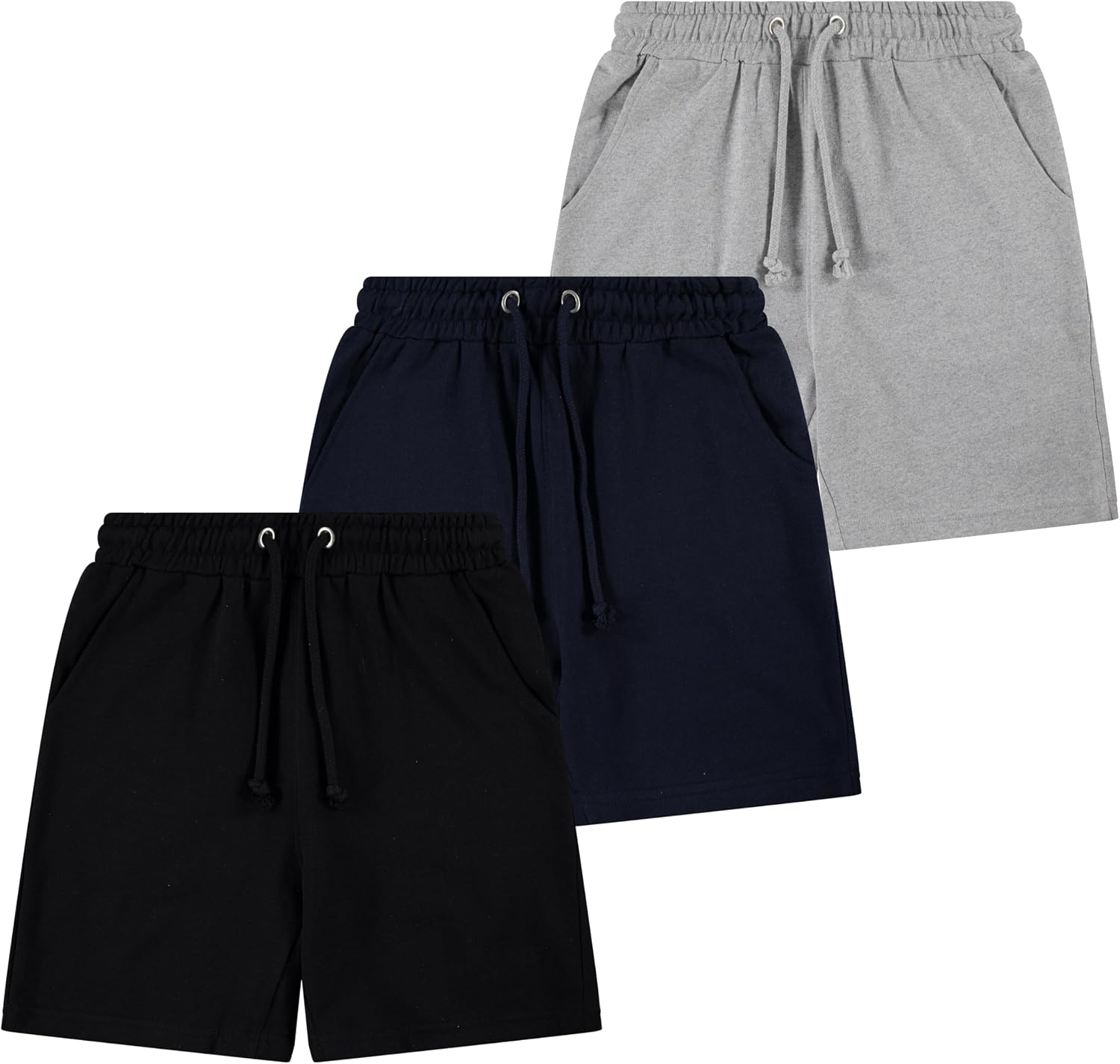 Boys’ 3-Pack French Terry Cotton Shorts – Soft Pull-On Activewear Shorts with Drawstring Waist & Pockets