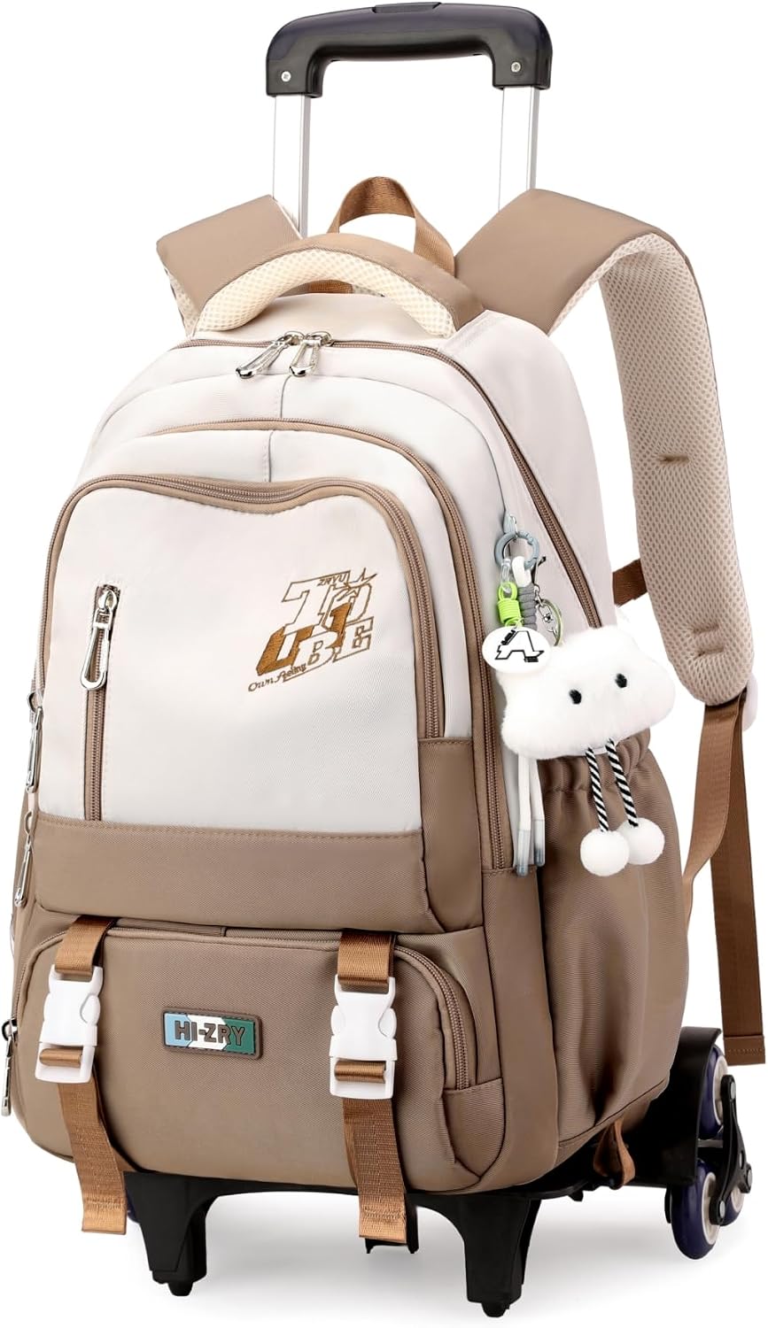 Girls Boys Rolling Backpack, Elementary Middle School Kids Bookbag Roller Backpack for Boys Girls with 6 Wheels, Khaki