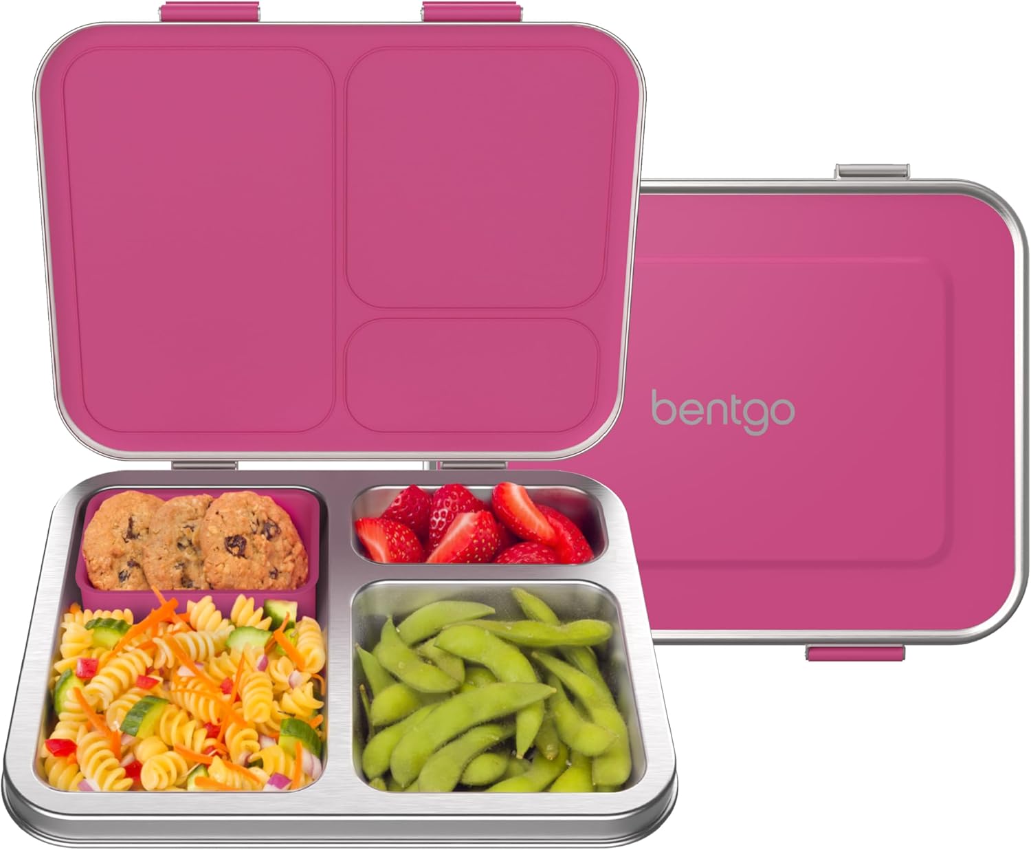 Bentgo Kids Stainless Steel Leak-Resistant Lunch Box – 3-Compartments with Bonus Silicone Container, Durable, Eco-Friendly, Dishwasher Safe, BPA-Free, Ideal for School, Ages 3+ (Fuchsia)