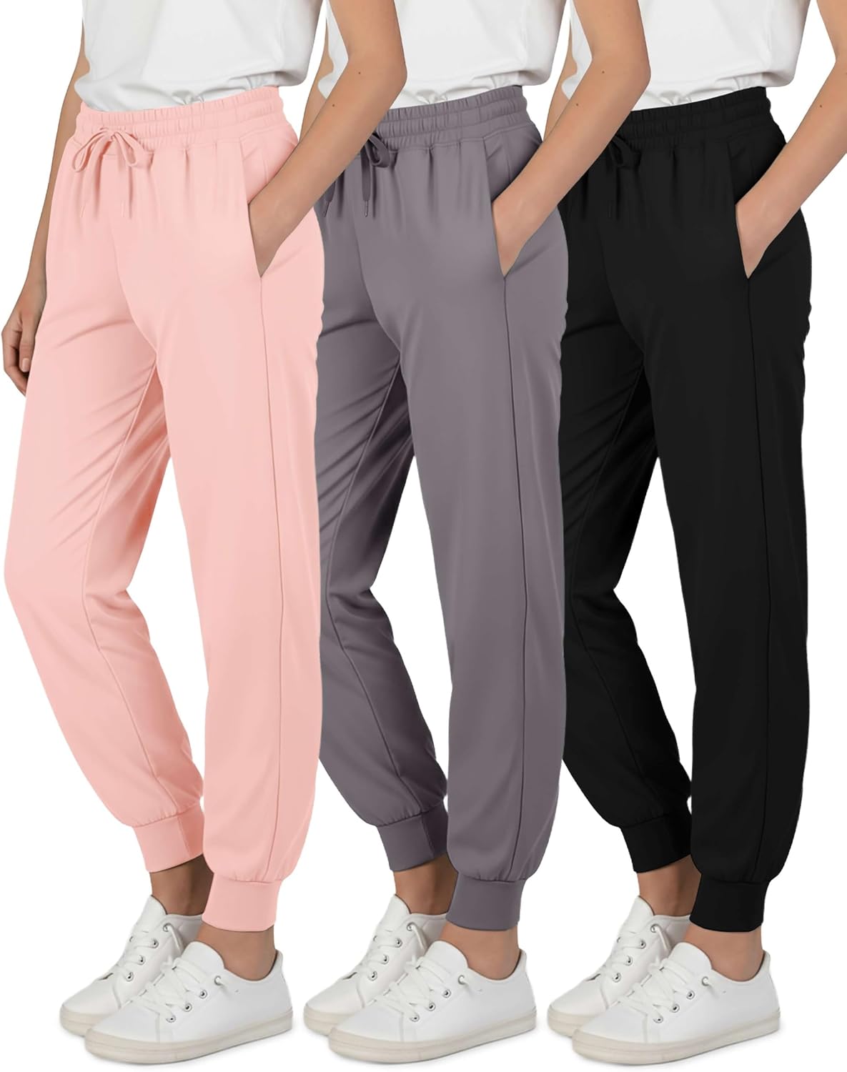 Real Essentials 3 Pack: Girls’ Dry-Fit Jogger Sweatpants – Kids Teens Running Athletic Pants with Pockets (Sizes: 4-16)
