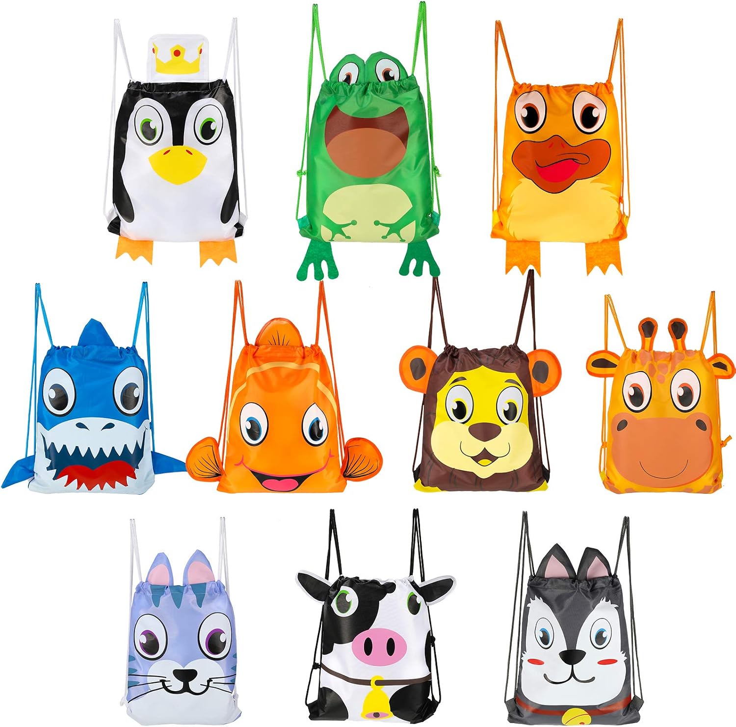 Zonon 10 Pcs Animal Drawstring Bags for Kids Party Favors Safari Jungle Ocean Farm Theme Goodie Bags with Cute Ears Reusable Treat Sacks for Boys Girls Birthday Supplies