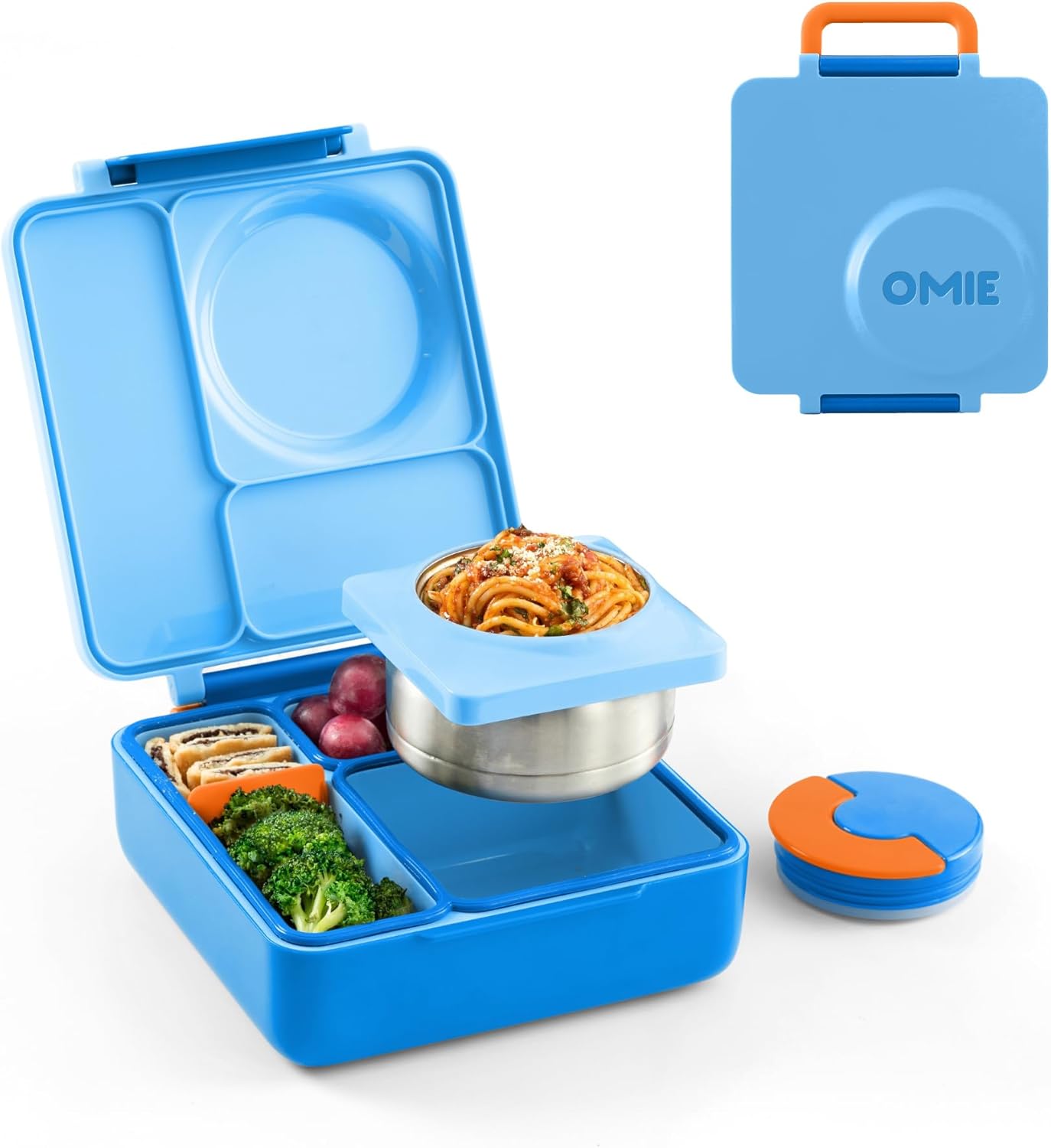OmieBox Bento Box for Kids – Insulated Bento Lunch Box with Leak Proof Vacuum Insulated Food Jar – 3 Compartments, Two Temperature Zones (Blue Sky)