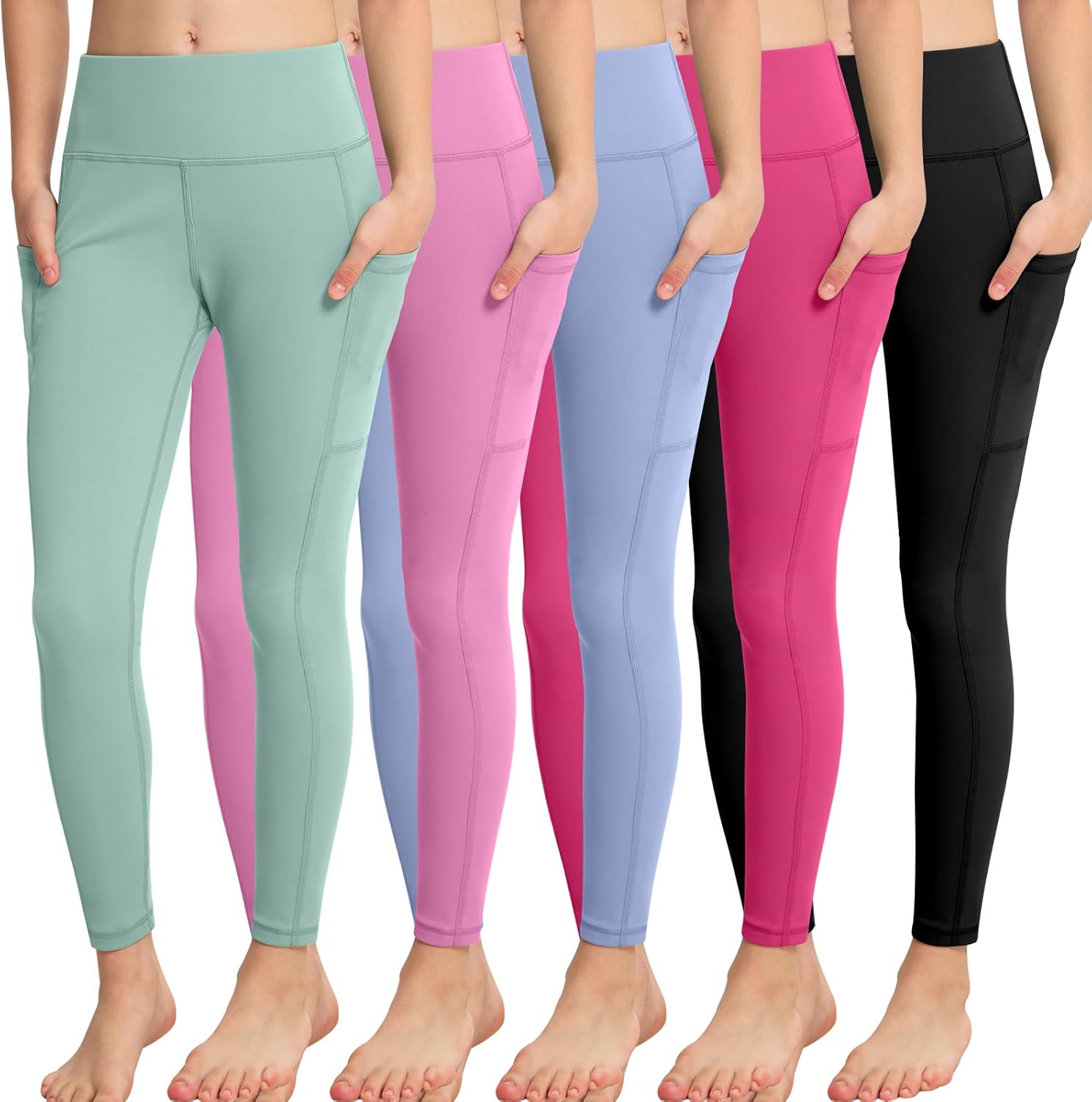 CHRLEISURE Girls’ Athletic Leggings with Pockets, 5 Packs Kids Teen Dance Yoga Workout Running Pants for 5-15 Years