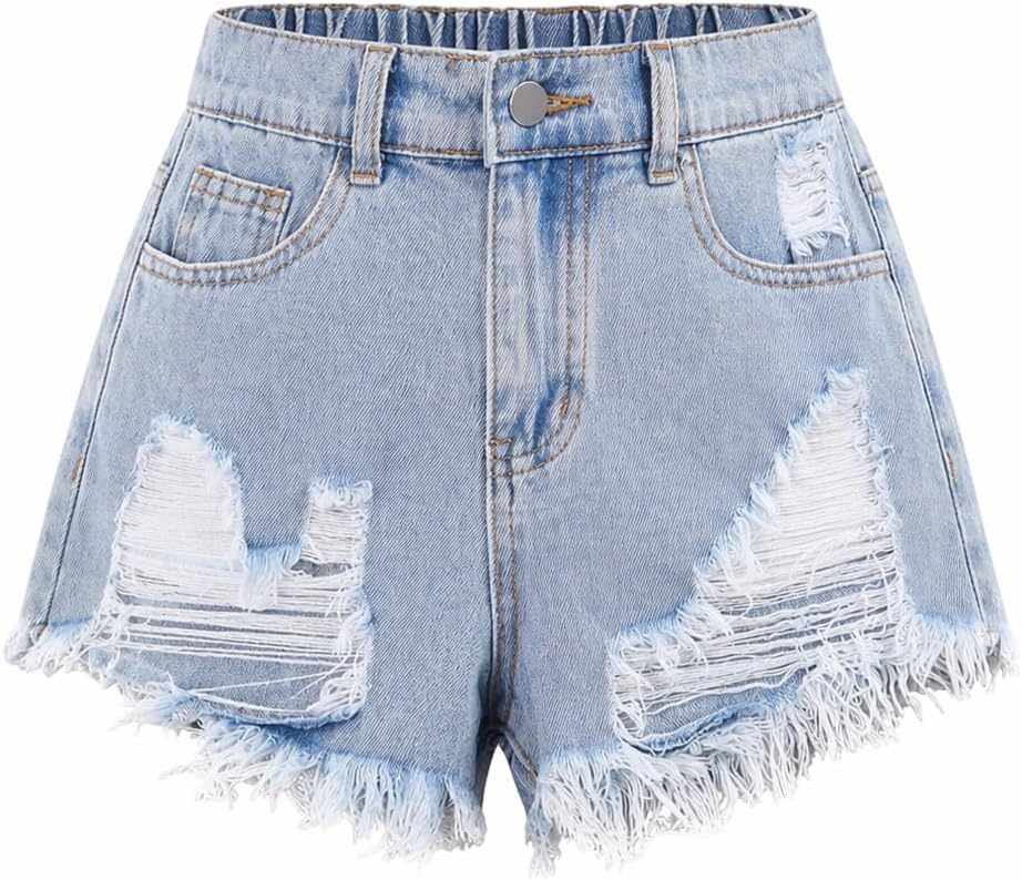 Girls Ripped Jean Shorts Straight Leg High Waisted Denim Shorts with Pockets