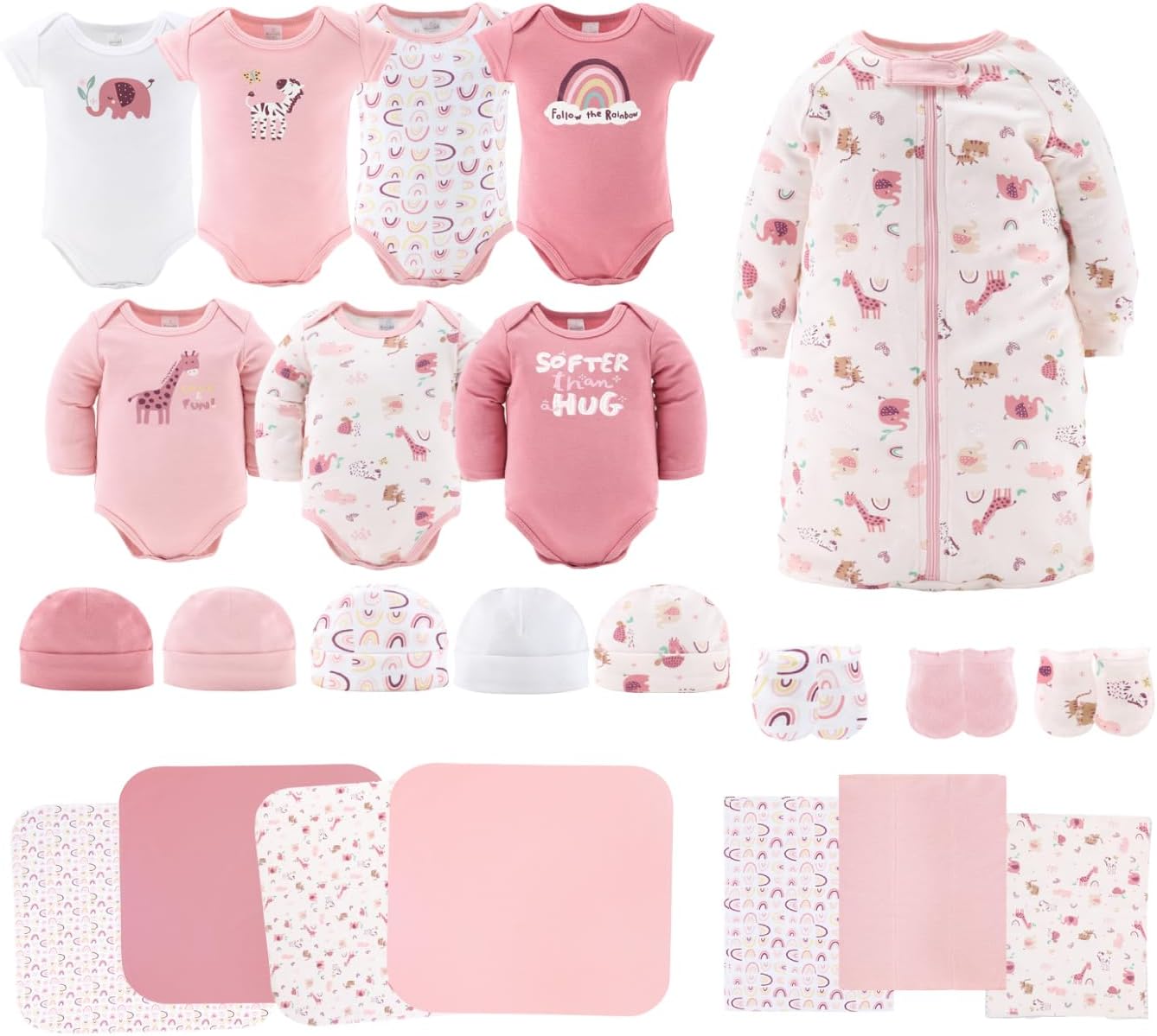 The Peanutshell Baby Layette Gift Set for Girls – 23 Piece New Born Girl Gift Set, Baby Clothes & Newborn Essentials Must Haves – Newborn Clothes 0-3 Months – Rainbow Safari