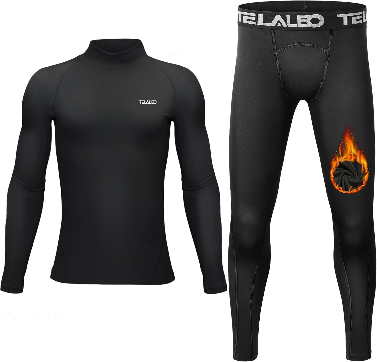 TELALEO Boys’ Girls’ Thermal Set Fleece Lined Underwear Set Kids Compression Shirts Athletic Sports Tops Leggings Baselayer