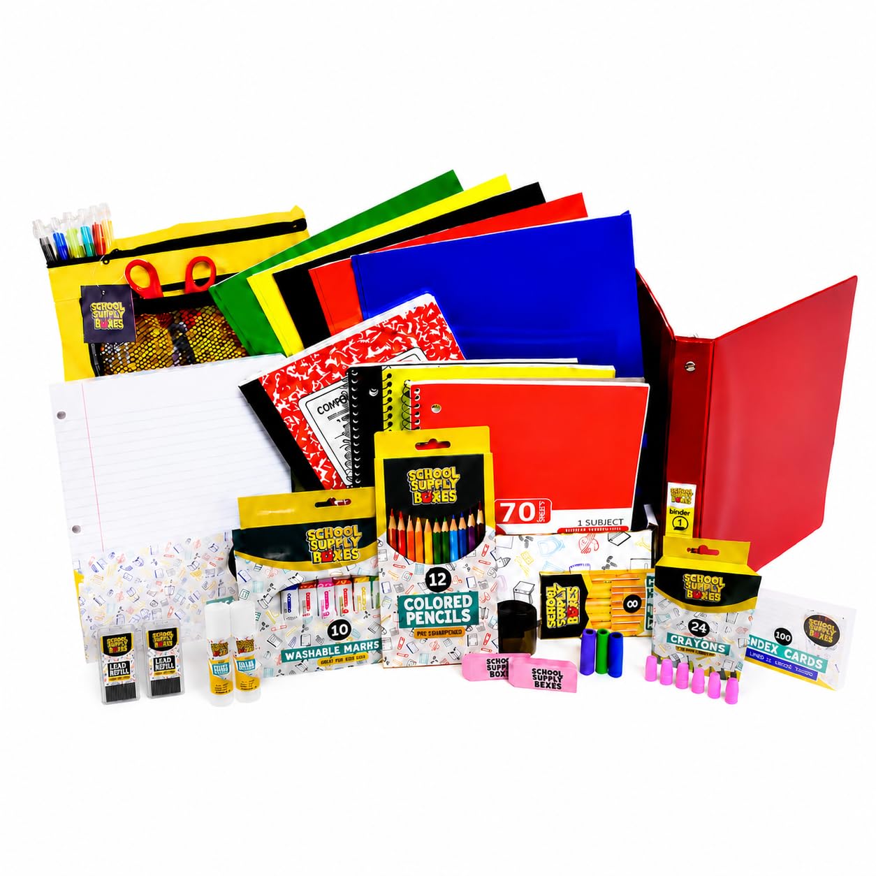 Elementary School Essentials Bundle | 1 Box – 91 Pieces per Box | School Supply Boxes – Back to School Essentials | Includes Binders, Folers, Notebooks, Filler Paper, Pencils, Notecards, Pens, & More