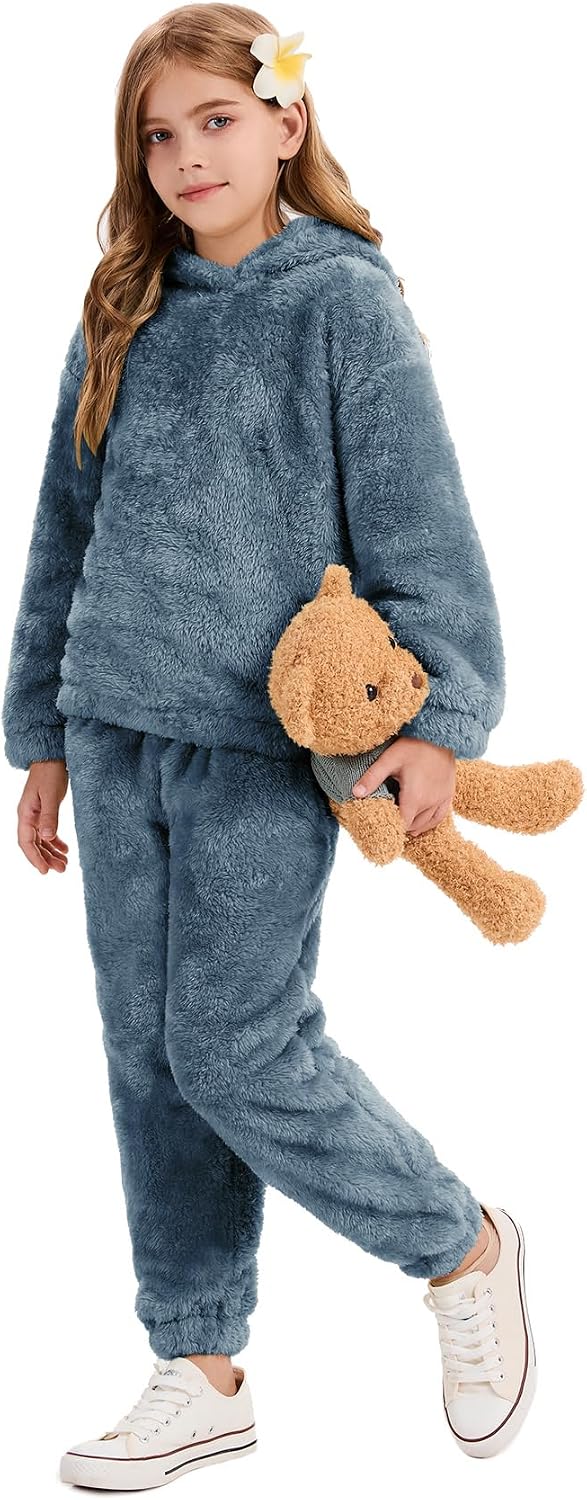 Flygo Girls Fuzzy Pants Set Crop Hoodie Bear Ear Two Piece Outfits Fluffy Sweatshirt and Fleece Pants Sweatsuit