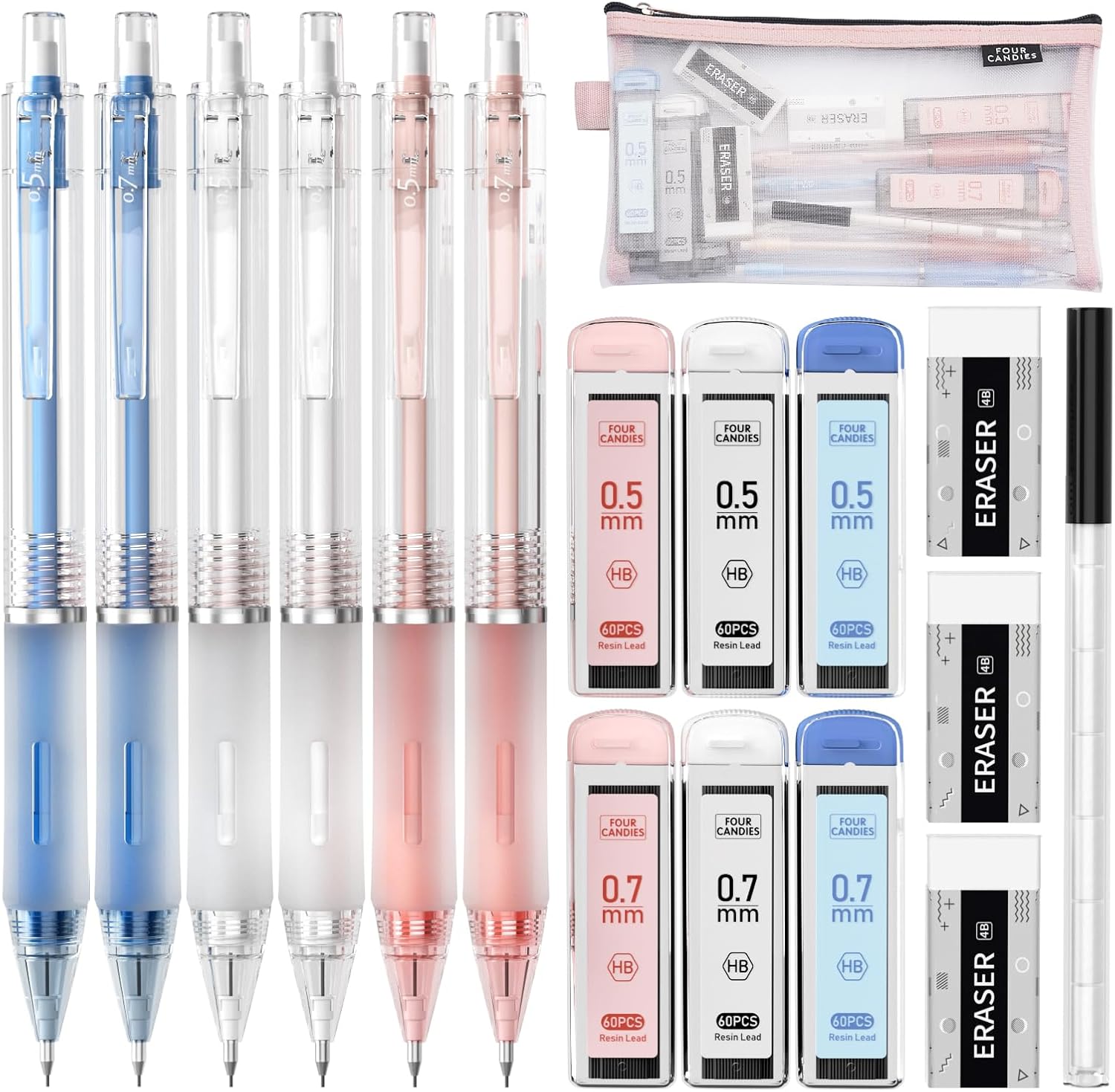 Four Candies Mechanical Pencil Set with Case, 6PCS Aesthetic Mechanical Pencils 0.5 & 0.7mm with 360PCS HB Lead Refills, 12PCS Erasers, Cute Mechanical Pencils for Writing, Drawing and Sketching