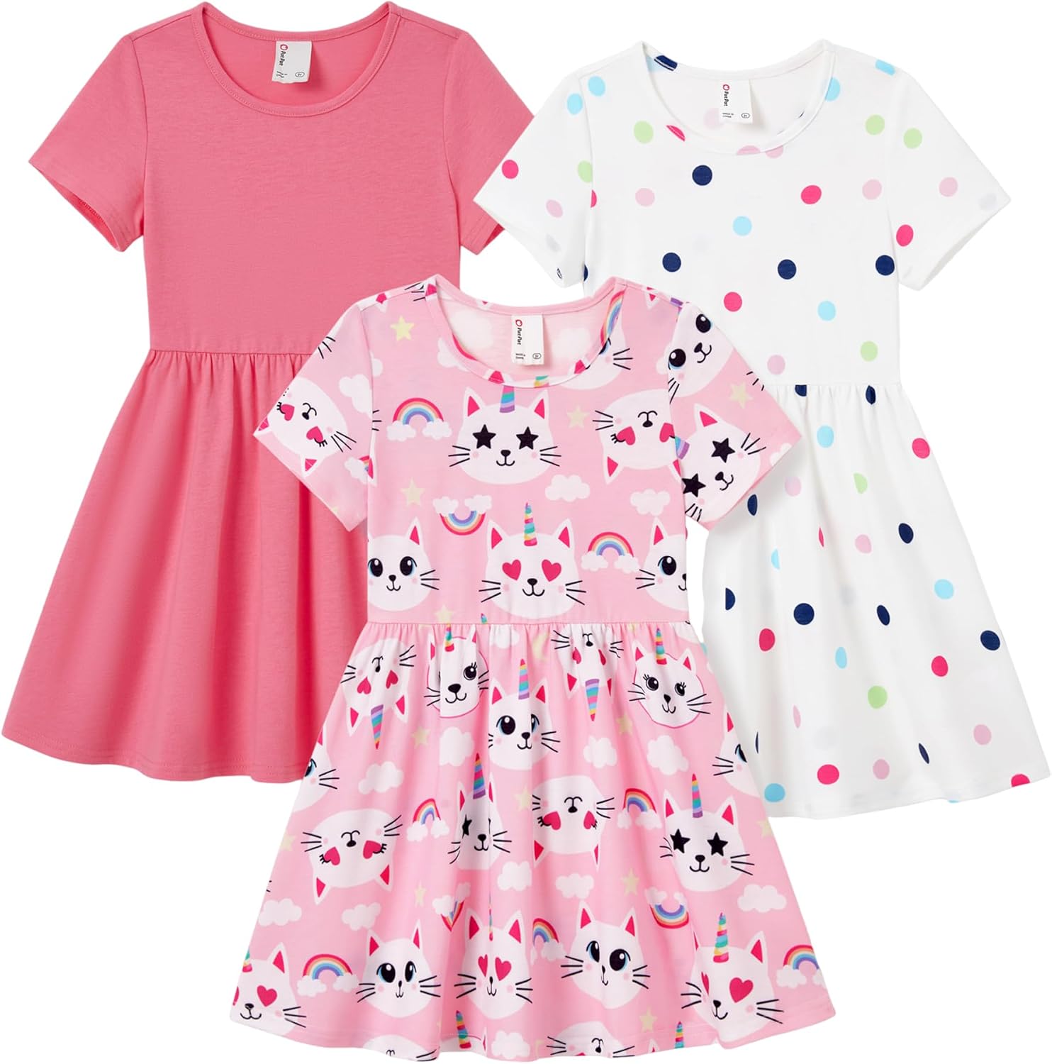 PATPAT Toddler Girl Floral Skater Multipack Dresses 3-Pack Polka Dots Short Sleeve Priness A-line Dress
