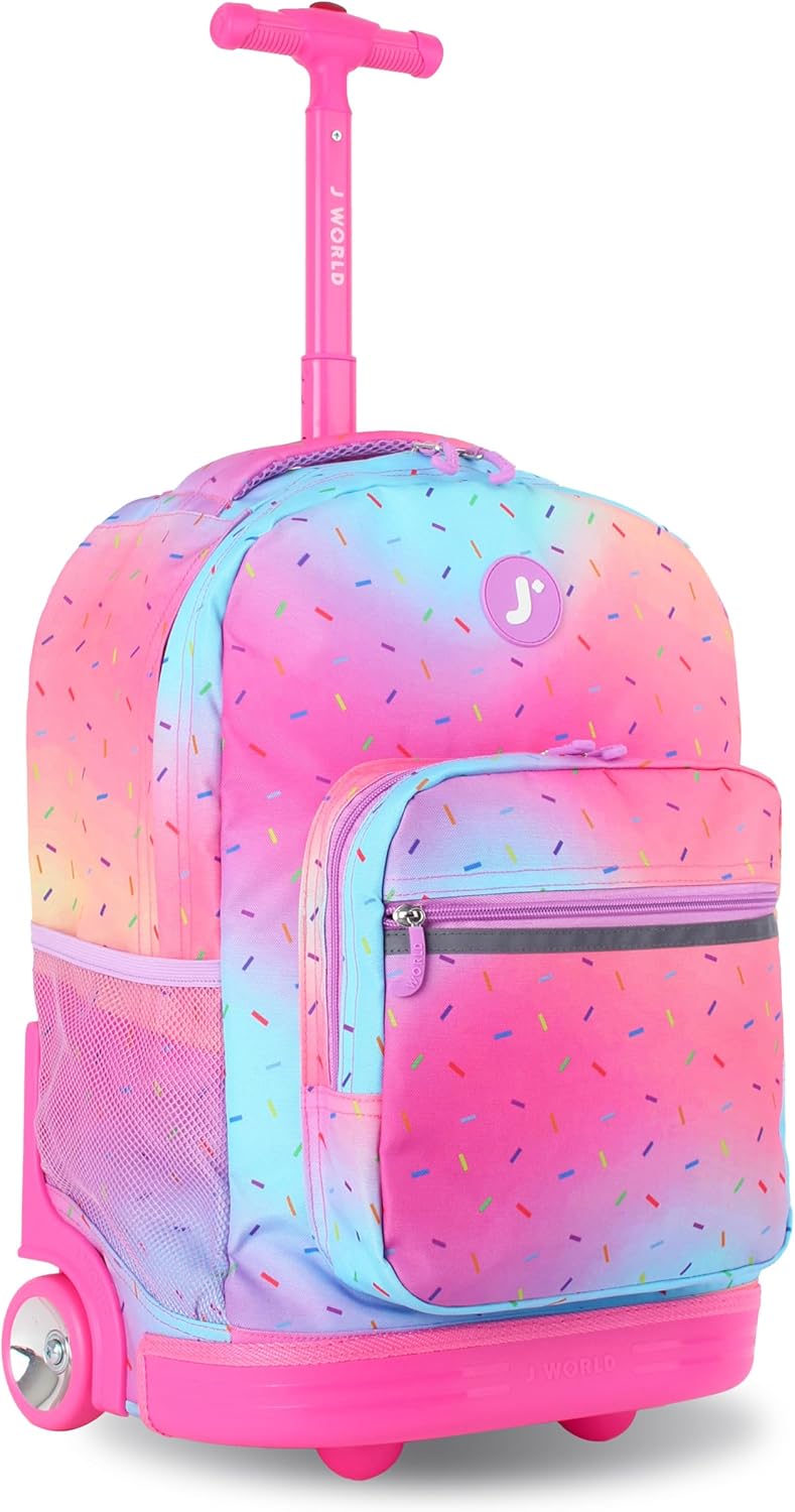 J World Sunrise Kids Rolling Backpack with Wheels for Girls Boys, Roller Bookbag for School, 18 x 13 x 9 Inches, Confetti