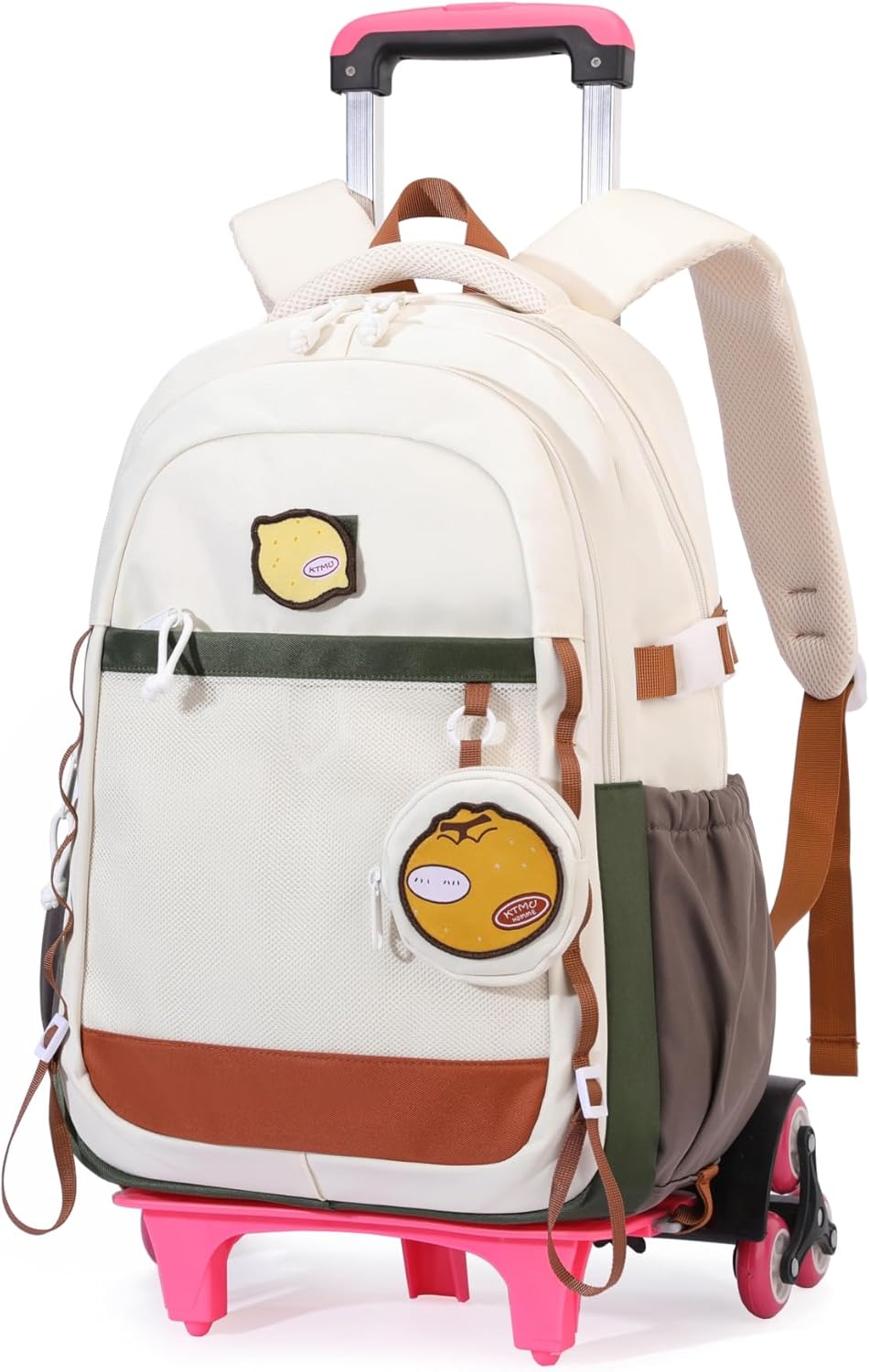 Kids Rolling Backpack for Girls Boys School Bag Wheeled Bookbag, Roller Backpack for Kids with 6 Wheels, Beige