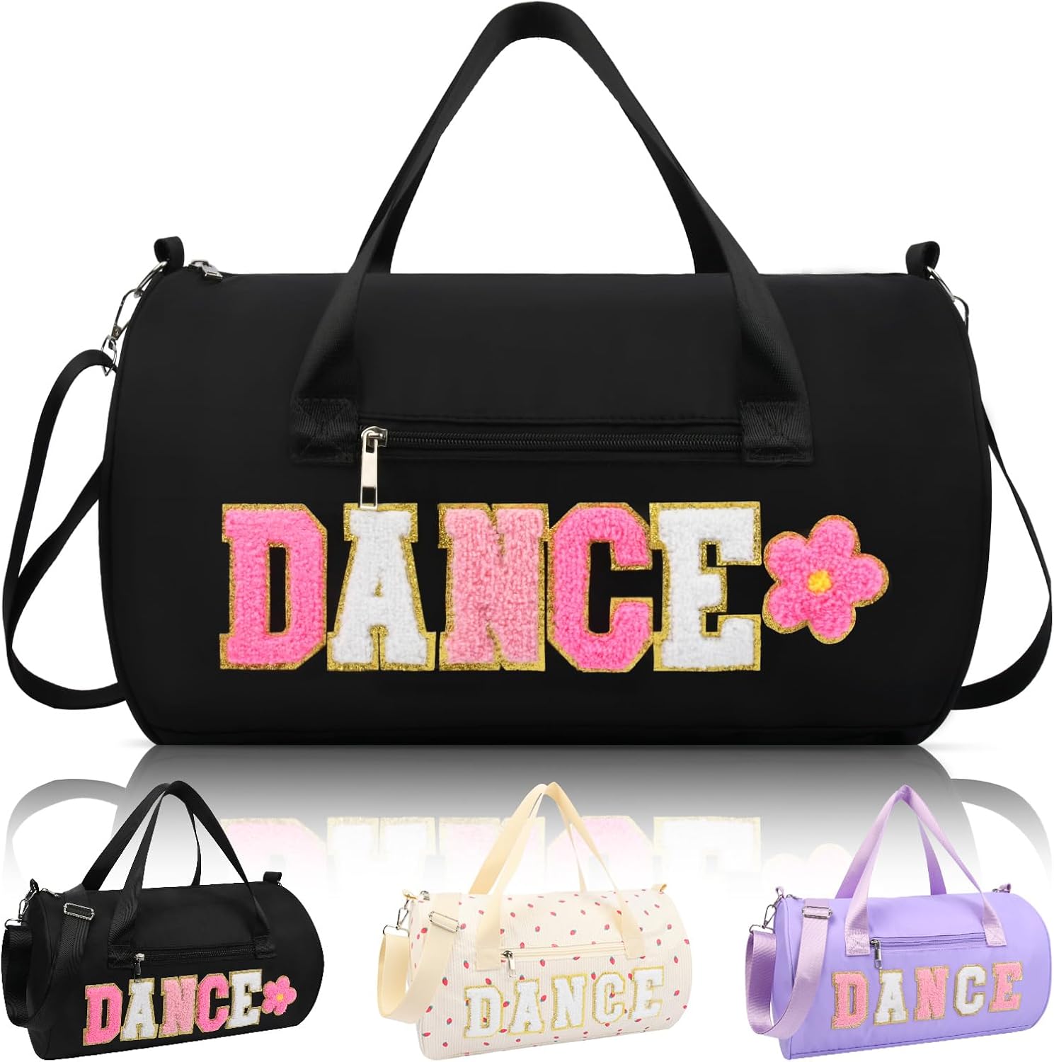 Dance Bag for Girls, KUIRAN 23L Waterproof Travel Duffel Bag with Colorful Chenille Letter, Lightweight Small Gym Sport Ballet Weekender Bag with Large Main Compartment – Black/White/Pink
