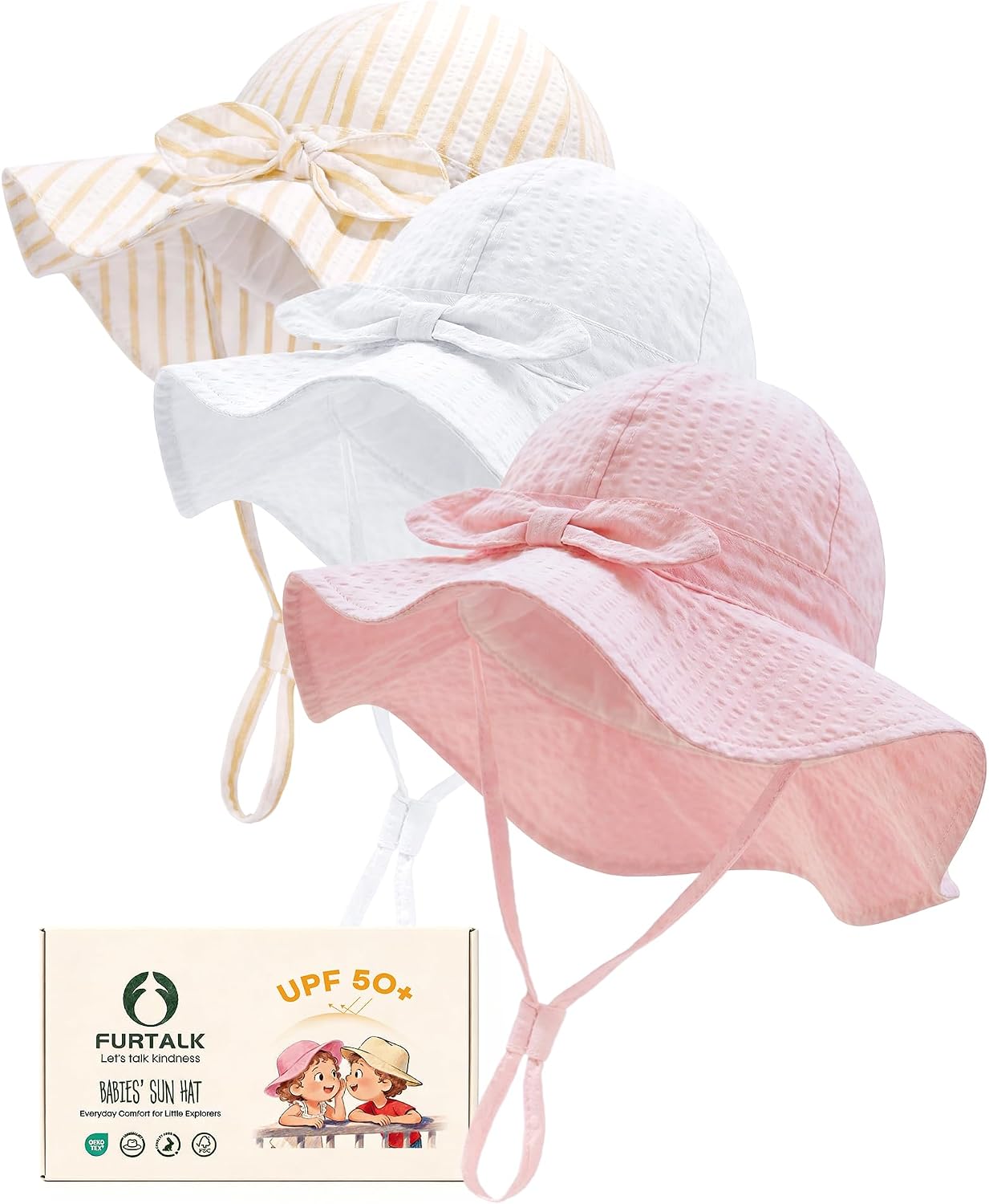 FURTALK 3 Pack Baby Sun Hat Toddler Beach Hat Girls UPF 50+ Wide Brim Infant Kids Summer Adjustable Sun Protection