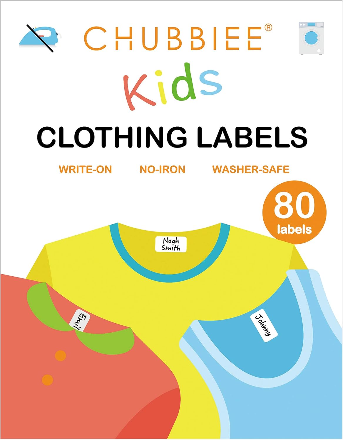 All Purpose No-Iron Kids Clothing Labels, Self-Stick Write-On Fabric Labels for Camp, School, Daycare, Nursing Care, Toys, Organizing, Washer & Dryer Safe, Pack of 80