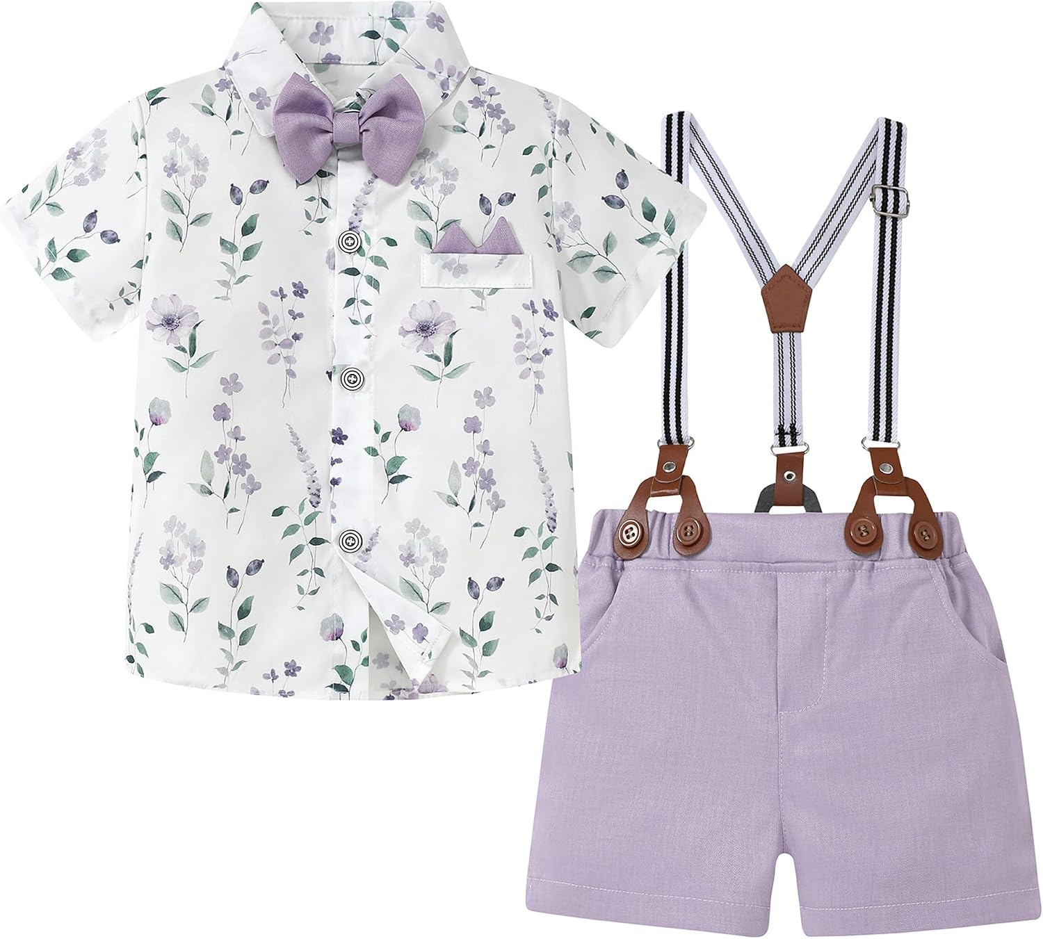 YUEMION Baby Boy Clothes Suits, Toddler Summer Formal Short Shirt+ Bowtie+ Suspender Shorts Gentleman Wedding Outfit(12M-5T)
