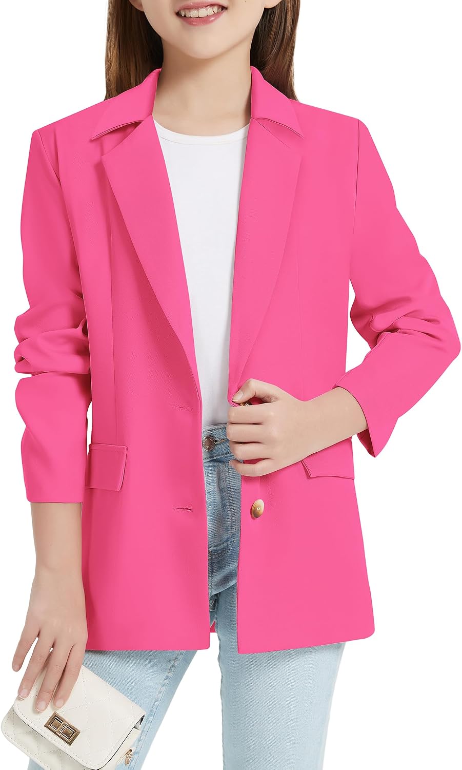 EXARUS Girls Blazer Jacket Long Sleeve Teen Notched Collar/Lapel Collar Graduation Open Front Pockets Kids Blazers Suit
