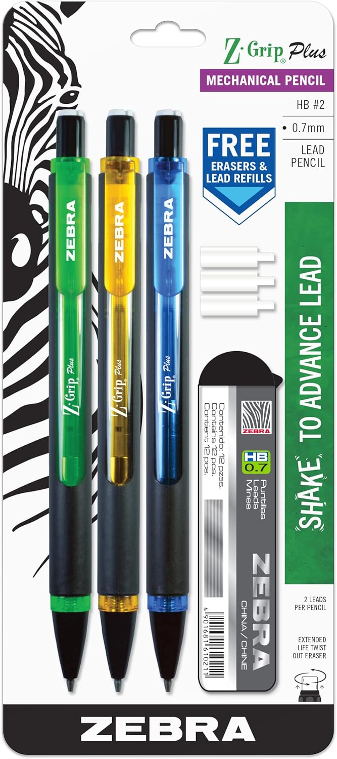 Zebra Pen Z-Grip Plus Mechanical Pencil, Smooth Writing, Latex-Free Grip, 0.7mm Lead, #2 HB, Shake to Advance the Lead, Assorted Barrel Colors, Green, Yellow, Blue, 3-Pack (55403)