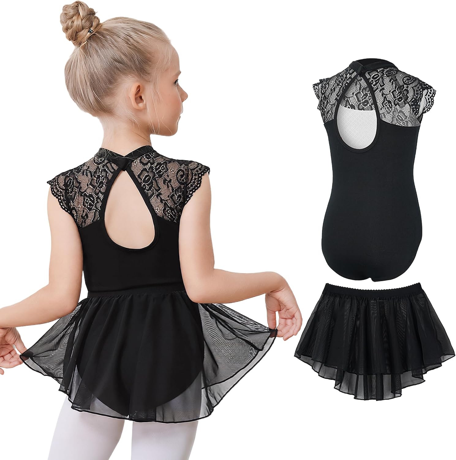 Gogokids Ballet Leotards for Girls Dance Leotards Toddler Hollow Back Lace Dance Dress with Removable Skirt Combo 3-11Years