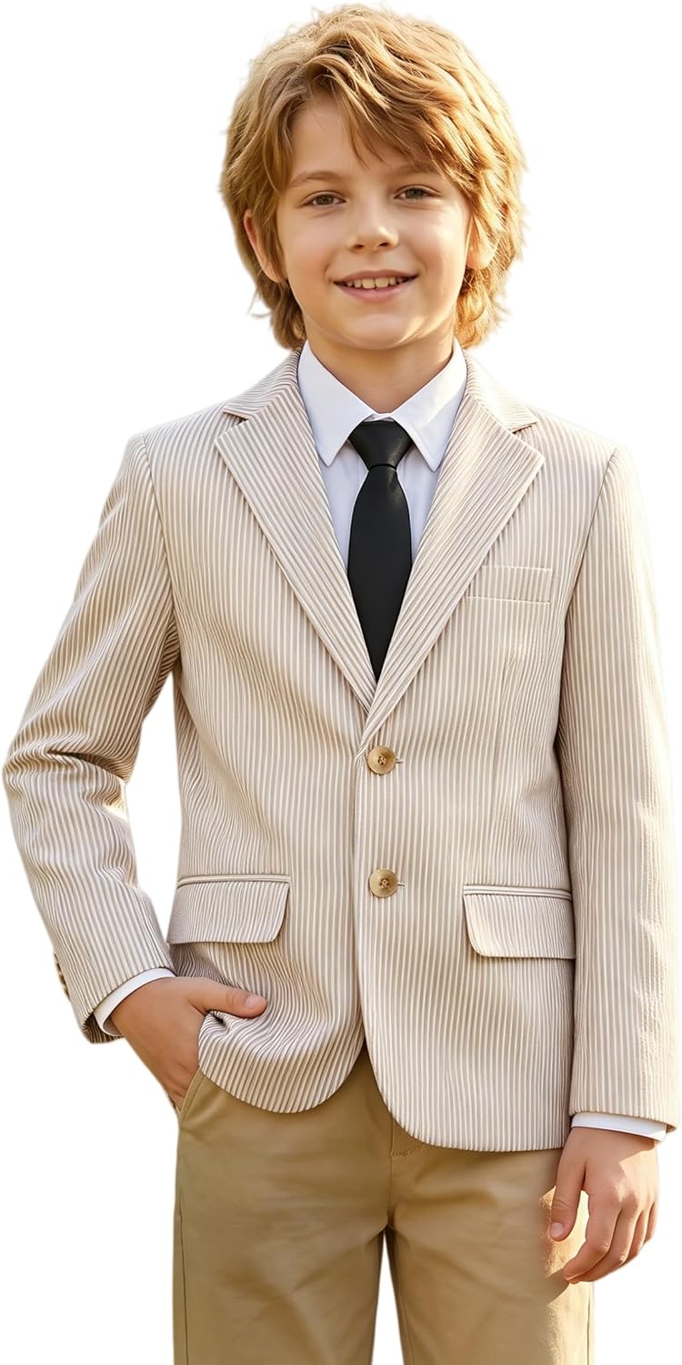 Lightweight Boys Kids Blazer Jacket Seersucker Boy’s Cotton Striped Blazers Formal Casual Tuxedo Summer Sport Coat